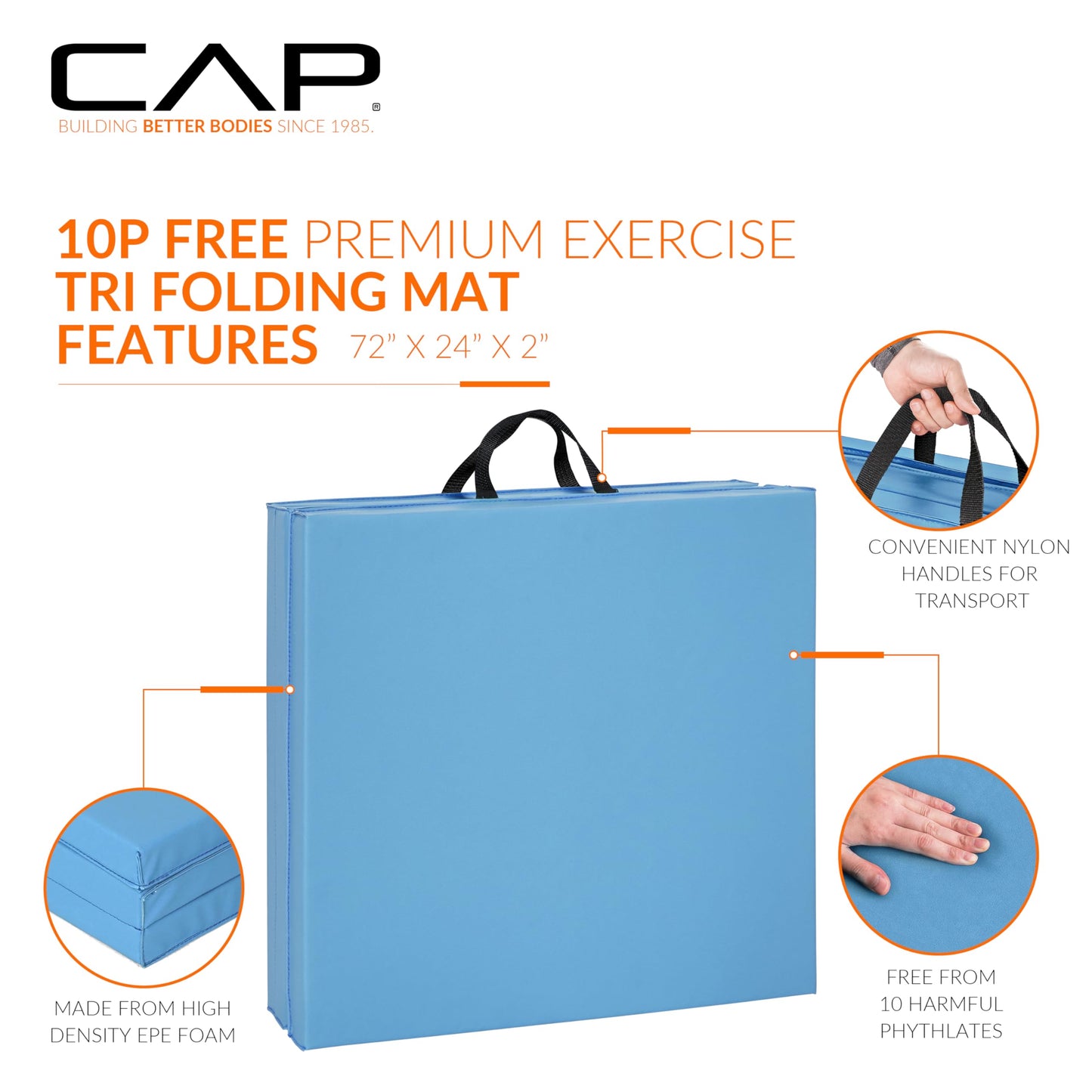 CAP Barbell Folding Exercise Mat – Durable, Anti-Tear, Thick Padding for Fitness, Aerobics, Gymnastics & Home Workouts. 72"L x 24"W x 2"Thick. BLUE
