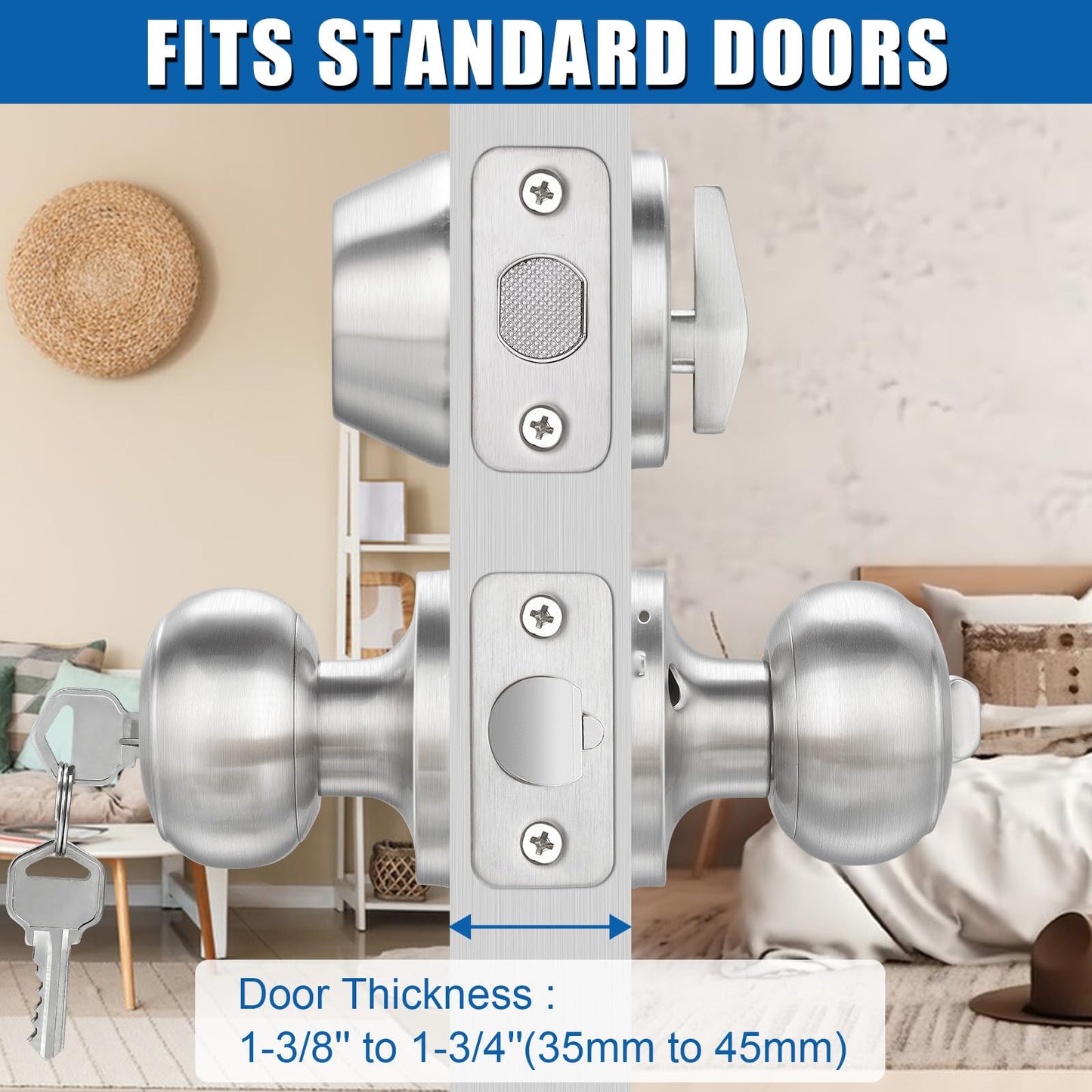 3 Sets Entry Door Knob and Single Cylinder Deadbolt Combo Set, Keyed Alike Round Ball Satin Nickel Exterior Door Knobs with Lock and Keys for Entrance and Front Door