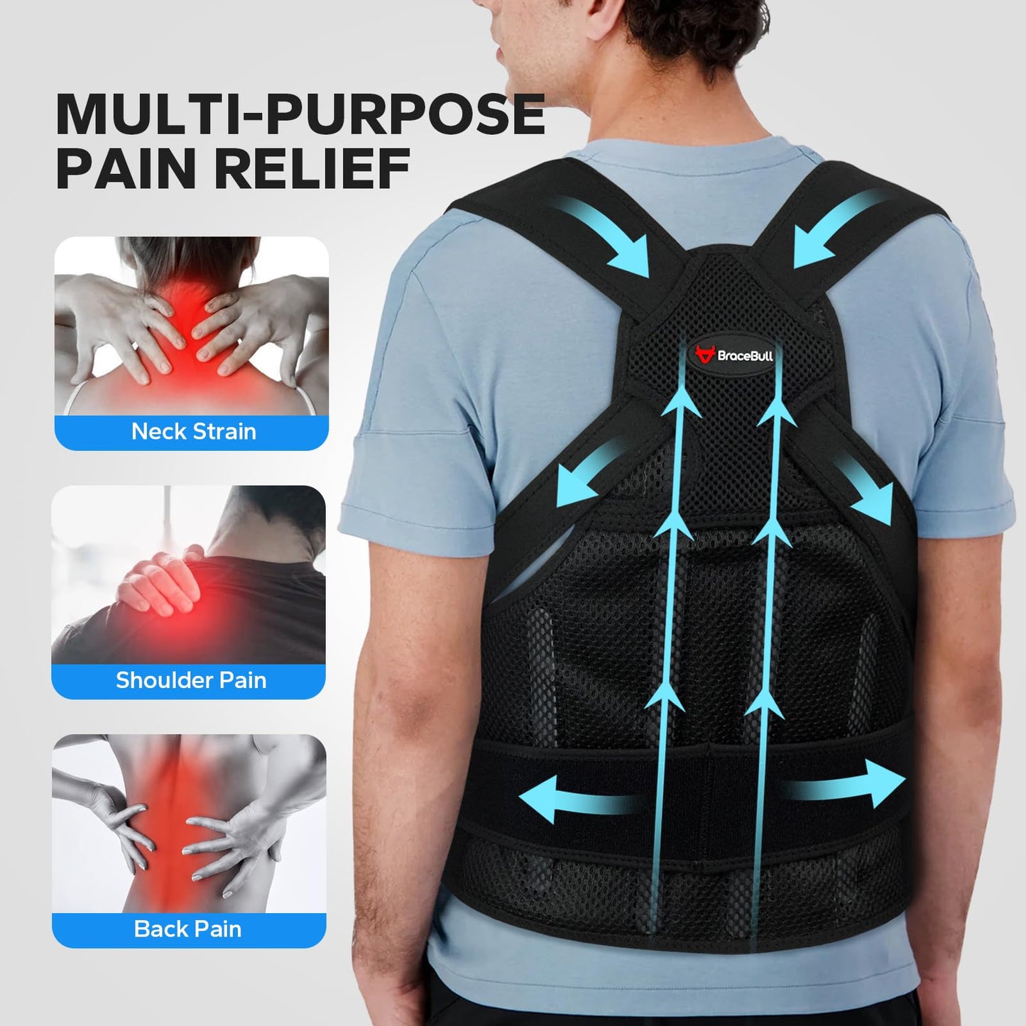 BraceBull Posture Corrector for Men and Women, Upper Back Support Brace with Adjustable Shoulder Straps for Comfortable Posture Training – Invisible Under Clothing (Large 35.4-41.3‘’)