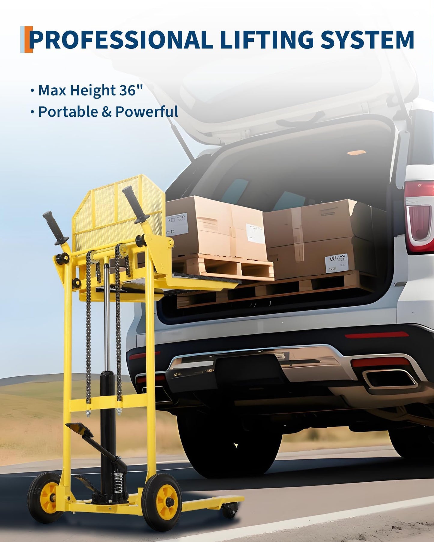 Hydraulic Material Lift and Pallet Stacker - 440 Lbs Capacity Manual Winch Stacker with 36 Inch Max Lift Height - Mobile Forklift Truck Dolly and Pallet Jack with Diamond Plate Steel Platform, Yellow