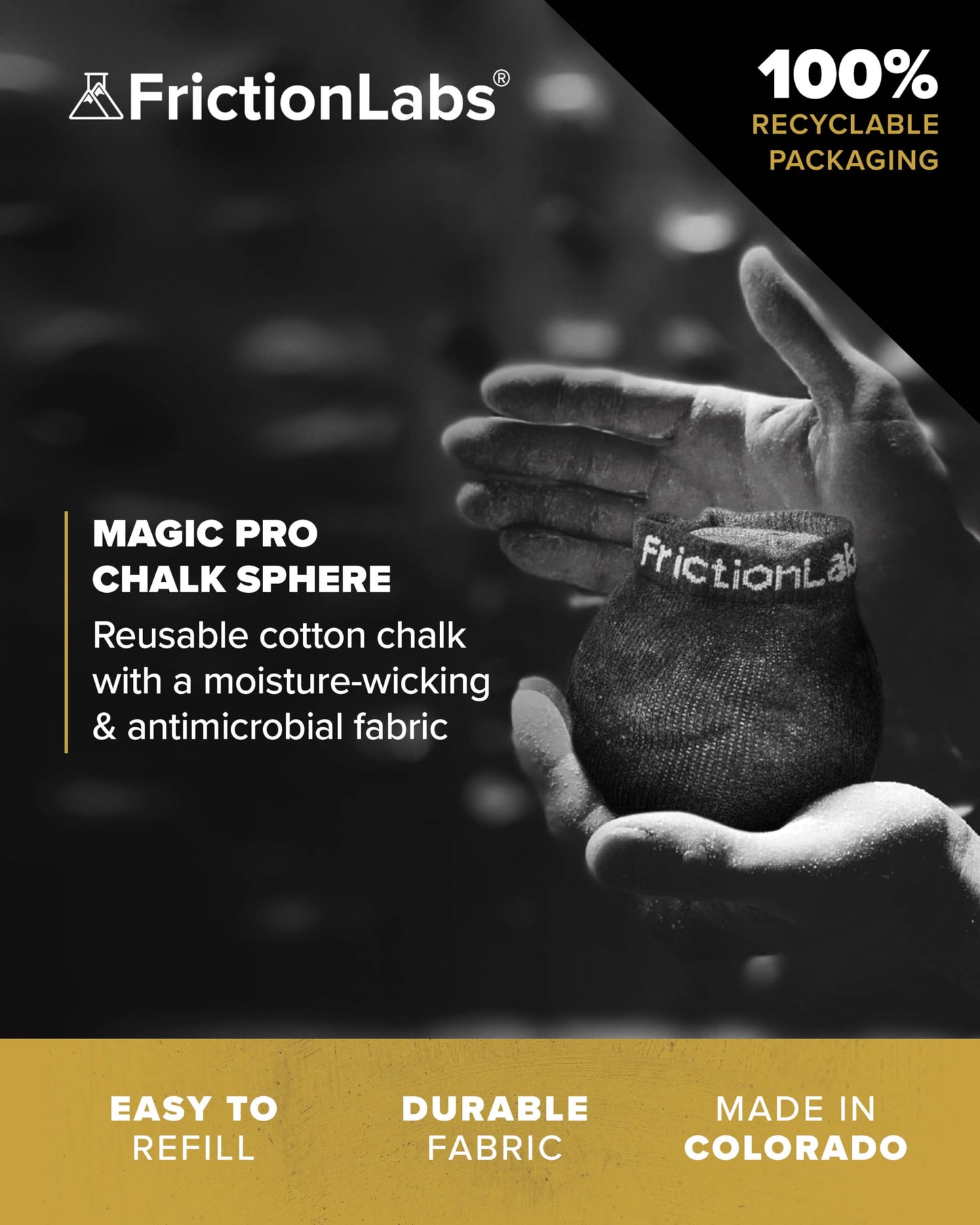 Friction Labs Magic Pro Chalk Sphere 2.2oz - Premium Moisture-Wicking Chalk Ball for Rock Climbing, Weight Lifting, Gymnastics, & Bowling - Mess Free Gym Chalk with Easy to Refill Sock