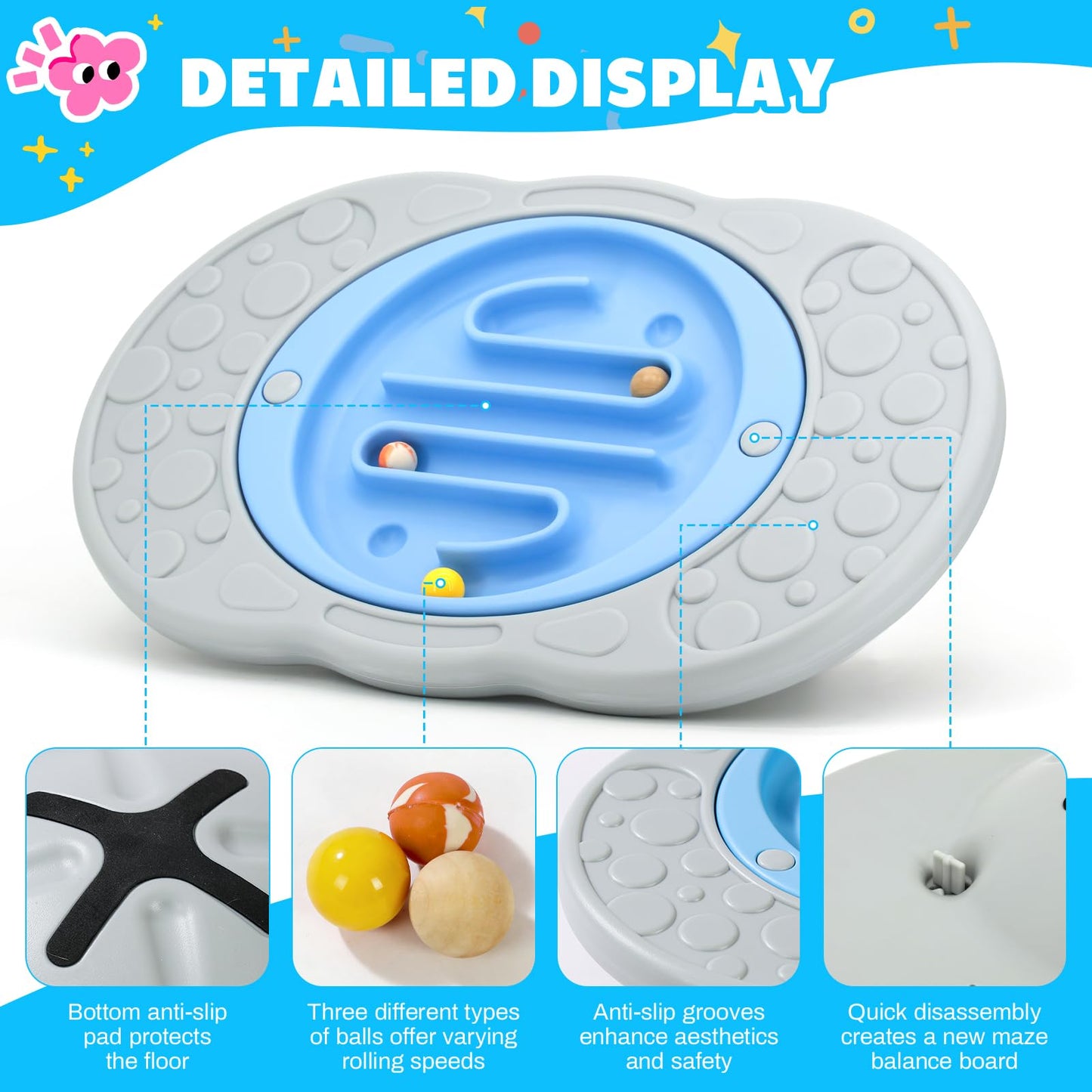 Balance Board Maze for Kids, Wobble Board with 3 Balls, 3 Replacement Labyrinth Boards, Indoor Active Play Toys for Sensory Training, Ages 3+, Max Load 140 Lbs