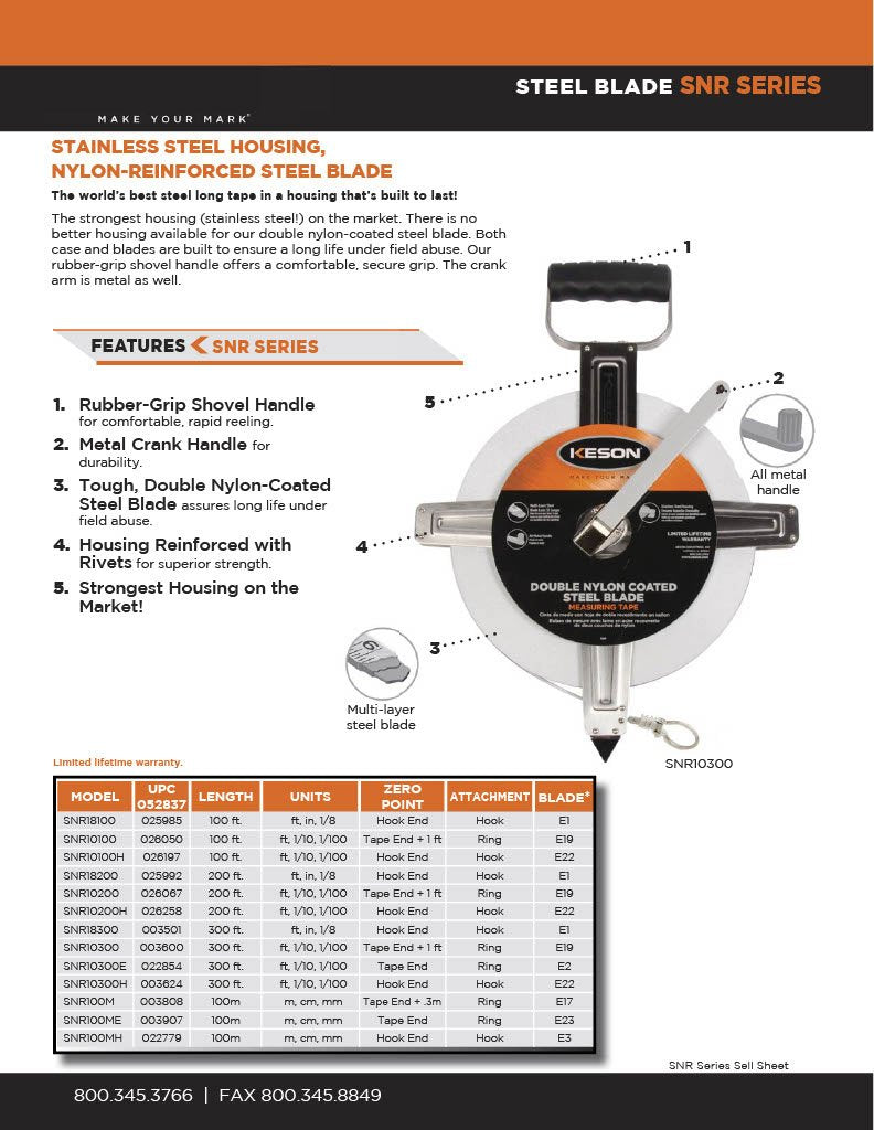 Keson SNR10300E Nylon-Reinforced Steel Blade Tape Measure with Stainless Steel Housing, Zero Point at Tape End and Ring End (Graduations: ft, 1/10, 1/00), 300-Foot