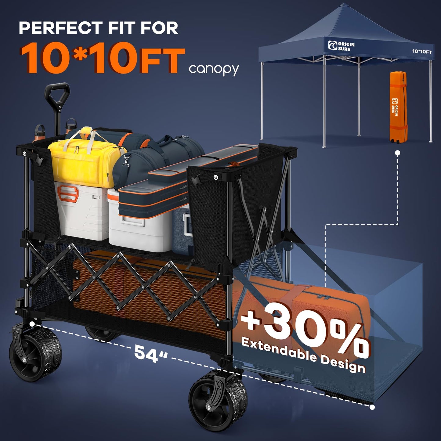 Originsure 400L Double Decker Wagon Collapsible with 54" L Tailgate, 560lbs Heavy Duty Carts Foldable, Extra Large Folding Beach Wagon with Big All-Terrain Wheels for Camping, Sports, Groceries, Black