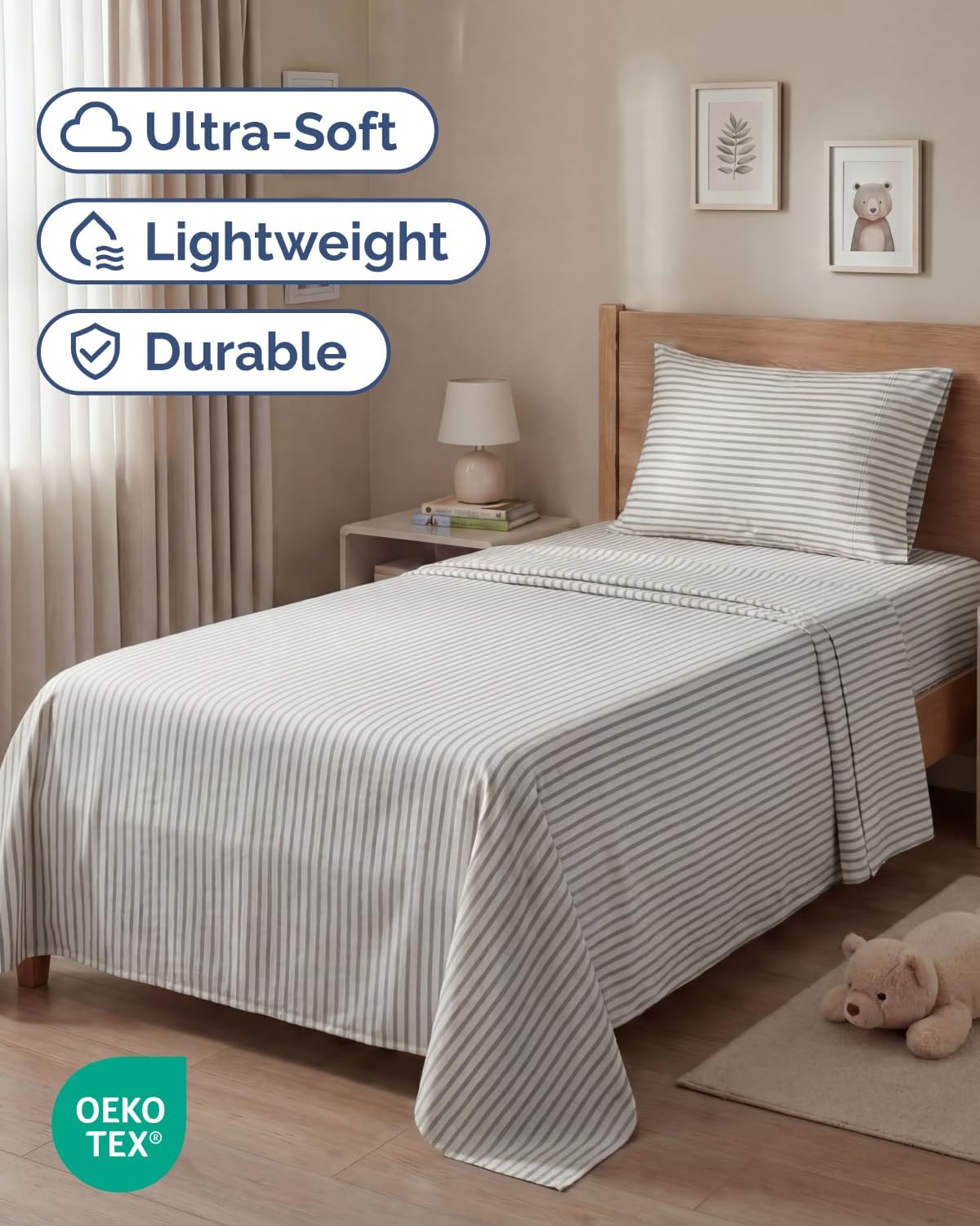 Skiennix Twin Size Sheet Set - Comfy, Breathable & Cooling Bedding - Luxury Hotel Quality - Grey Stripes