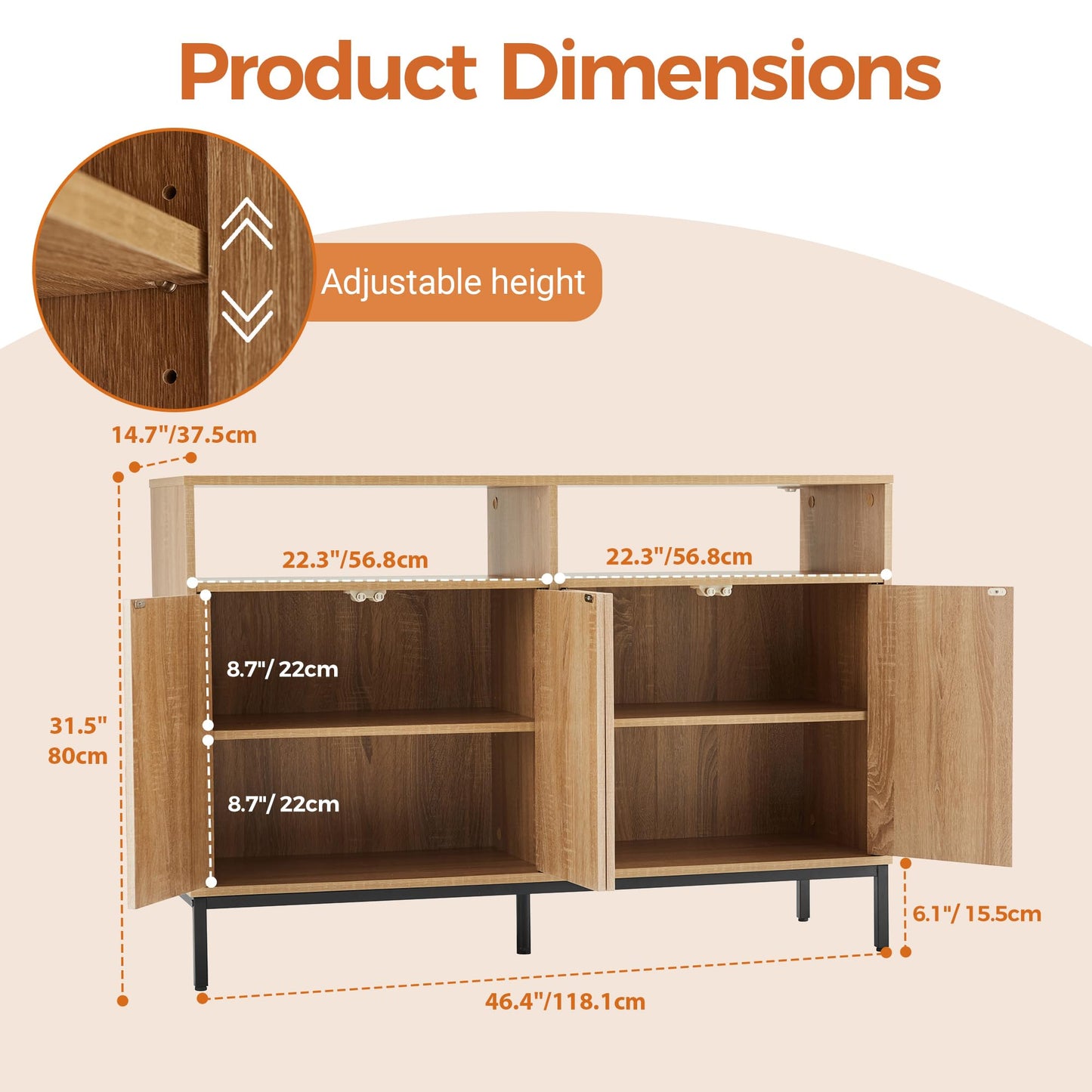 Mericonia Farmhouse Buffet Sideboard Cabinet with Storage, Fluted Coffee Bar with Doors and Adjustable Shelves, Modern Wood Console Cabinet for Kitchen, Livingroom (Fluted 4 Door, Natural)