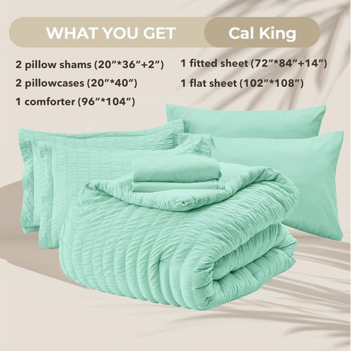 HYMOKEGE California King Comforter Set - Mint Green Seersucker 7-Piece Luxury Bedding Set