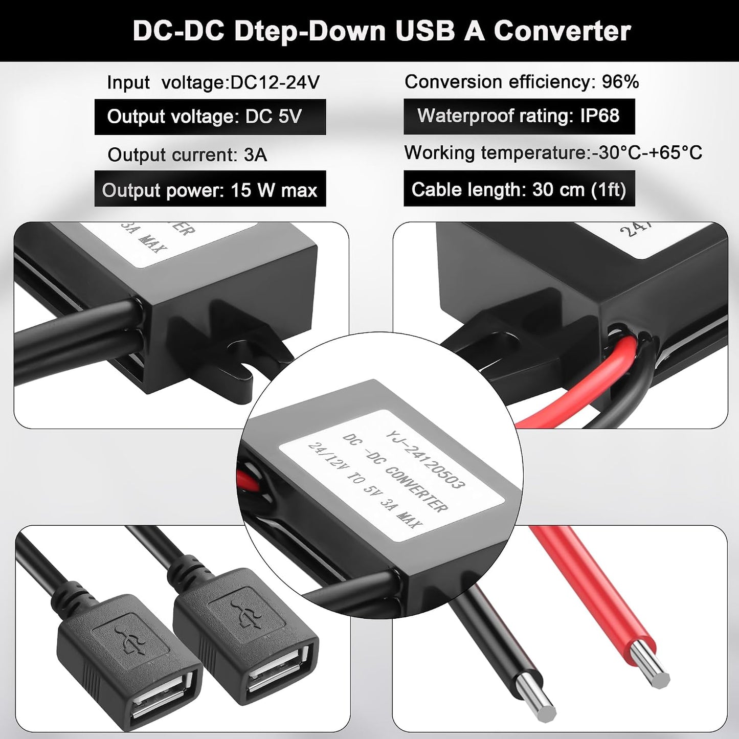 JSADZKJ 12V 24V 5V 3A 15W DIY30cm/1ft(Double DC to Dual USB Female Power Converter,DC-D C Step Down Power