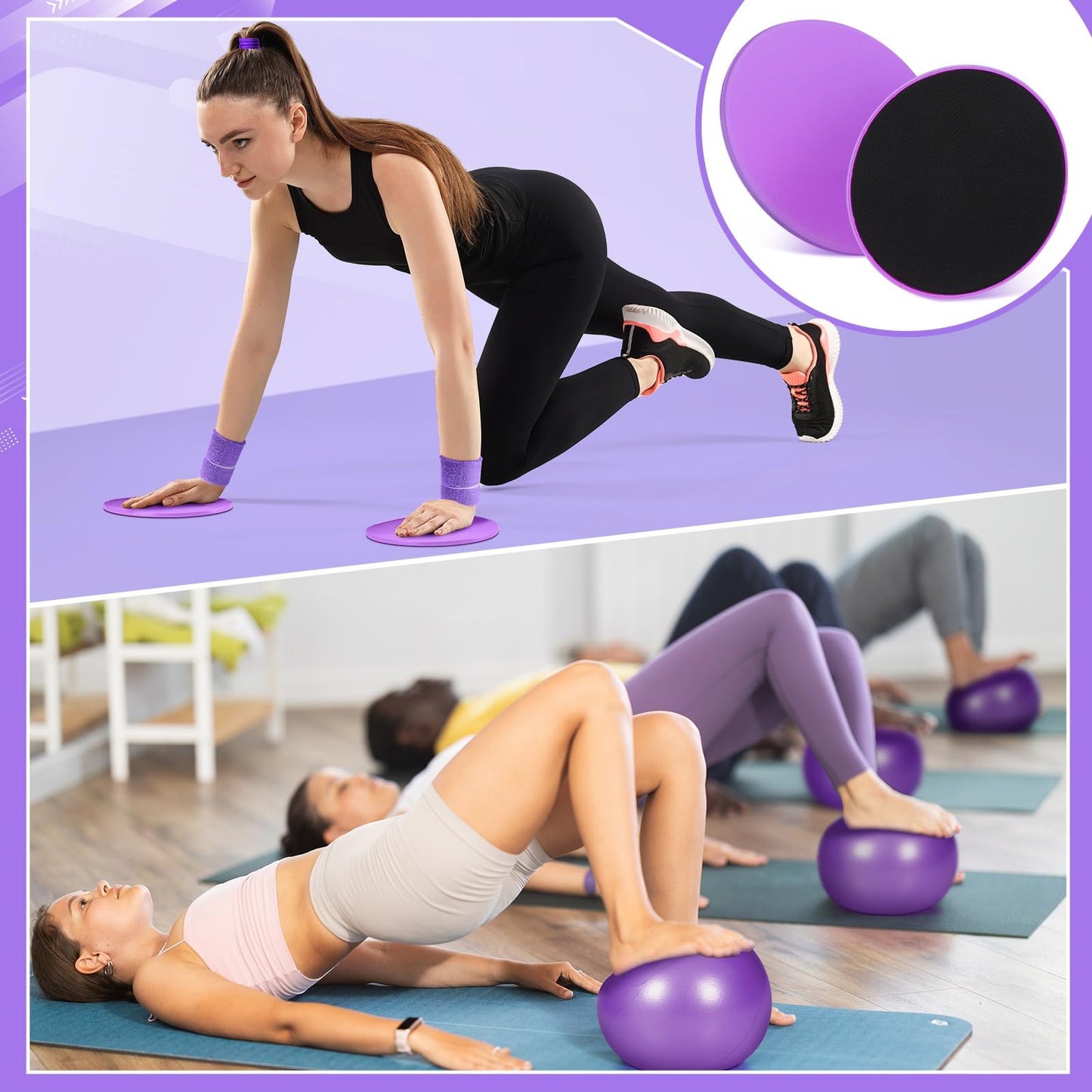 Poen 18 Pcs Home Pilates Ball and Ring Circle Set Yoga Fitness Essentials Kit with 5 Resistance Band Stretching Strap Non Slip Sock Ball Core Slider Wristband Headband Gym Bag for Women(Purple)