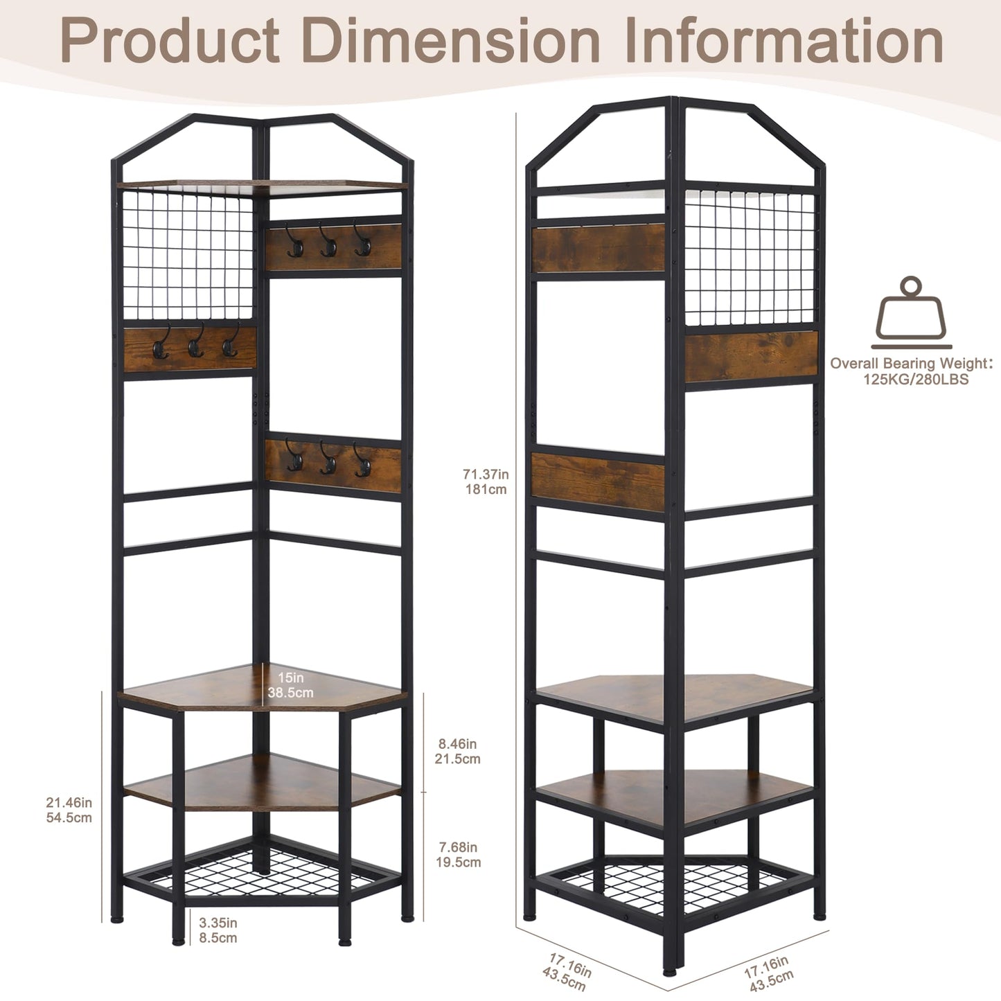 SIMHOMSTOR Heavy Duty Corner Hall Tree Organizer, 3-in-1 Industrial Freestanding Coat Storage Rack with Hooks and 4 Wooden Shelves for Entryway, Black