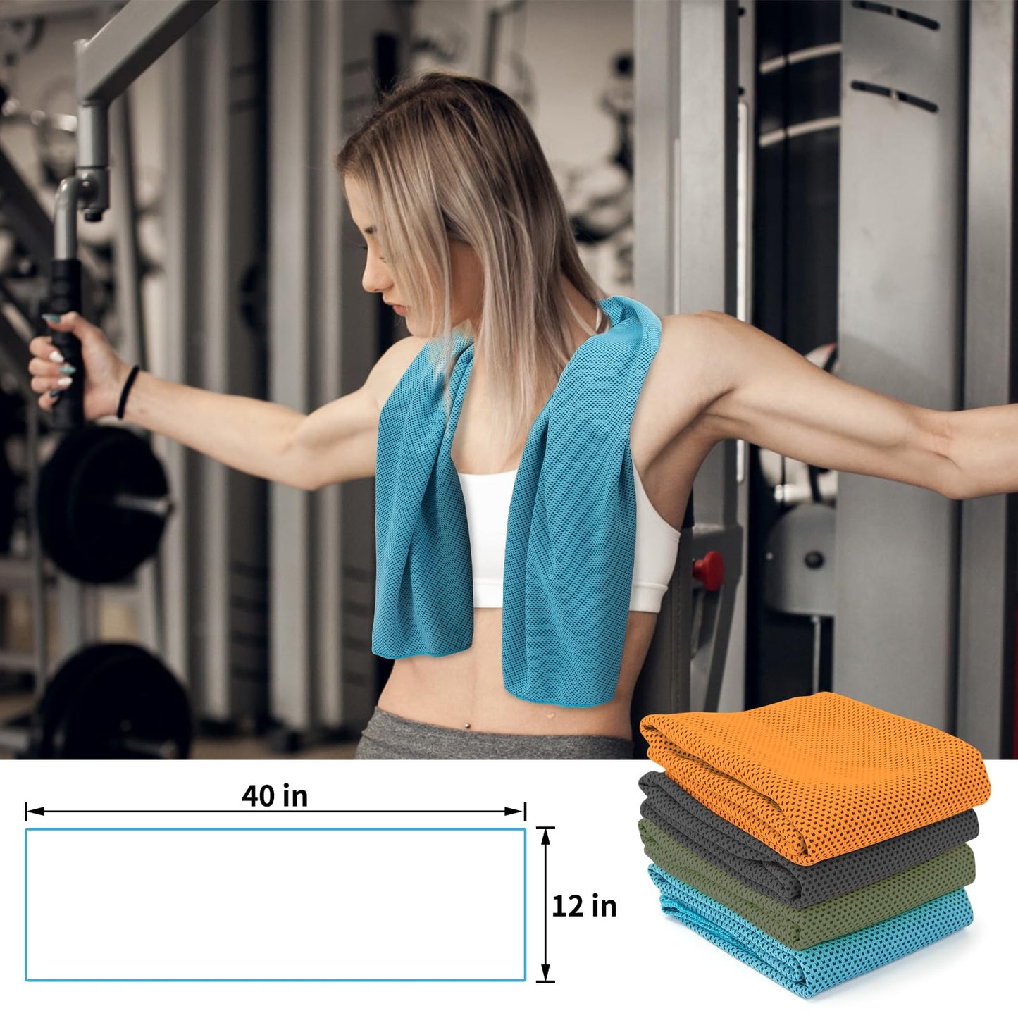 YESLIFE 4 Pack Cooling Towels 40"x12", Gym Towels for Men and Women, Soft Breathable Workout Towels for Yoga, Running, Sport, Workout, Camping, Fitness & More (Black, Army Green, Orange, Blue)