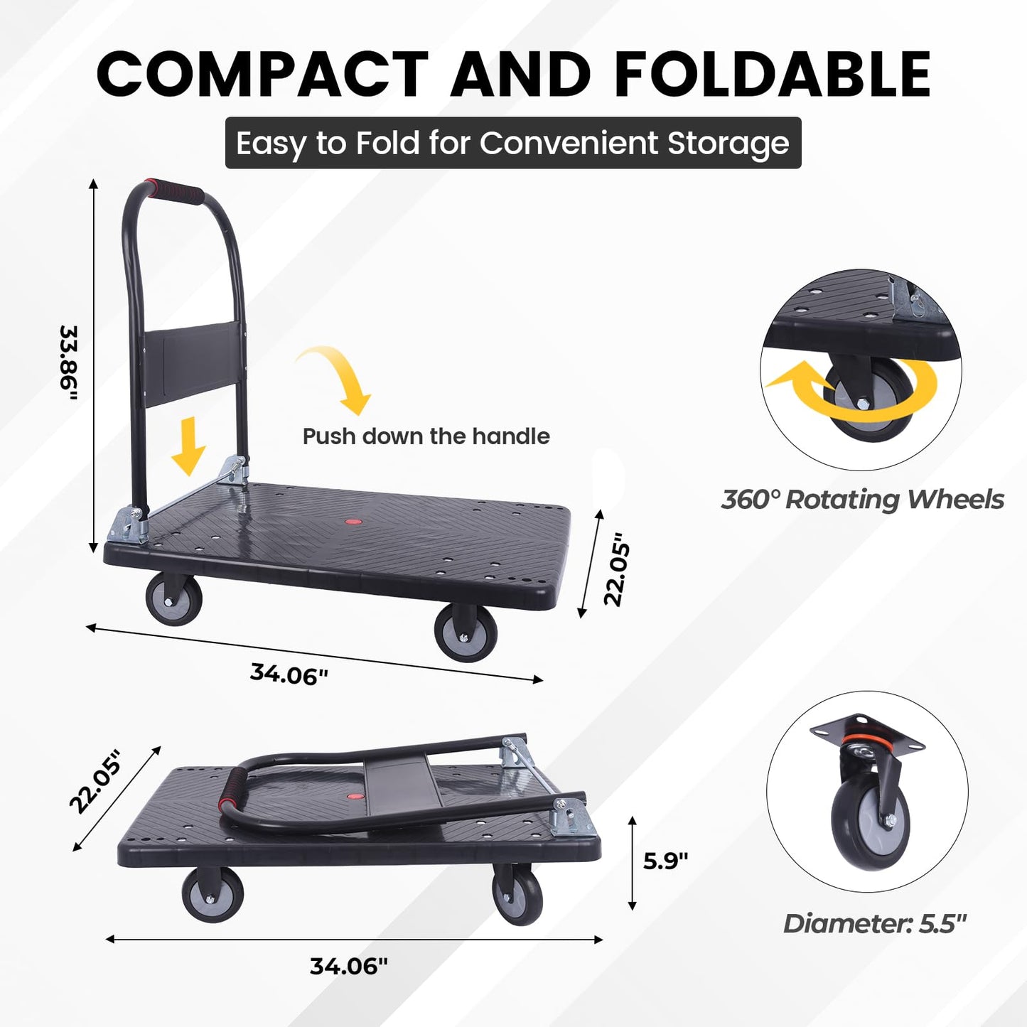 DEGEDUN Foldable Push Cart Dolly 660 lbs,Moving Platform Hand Truck Black,with 360° Swivel Wheels, for Home Garage Workshops, Loading, Storage, Warehouse