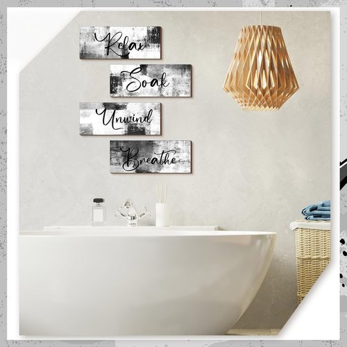 Maitys Bathroom Wall Art - 4 Pcs Rustic Wood Decor for Soak & Unwind | 10 x 4 Inch Black & White Signs