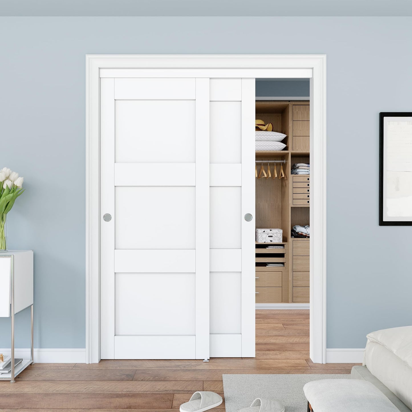 JUJUBON Closet Sliding Door, 60"×80"(Double Doors 31"), 3 Panel Sliding Door with Hardware Kit, Pre-Drilled Doors Panel, MDF with Paintable Surface, Need to Assemble, White