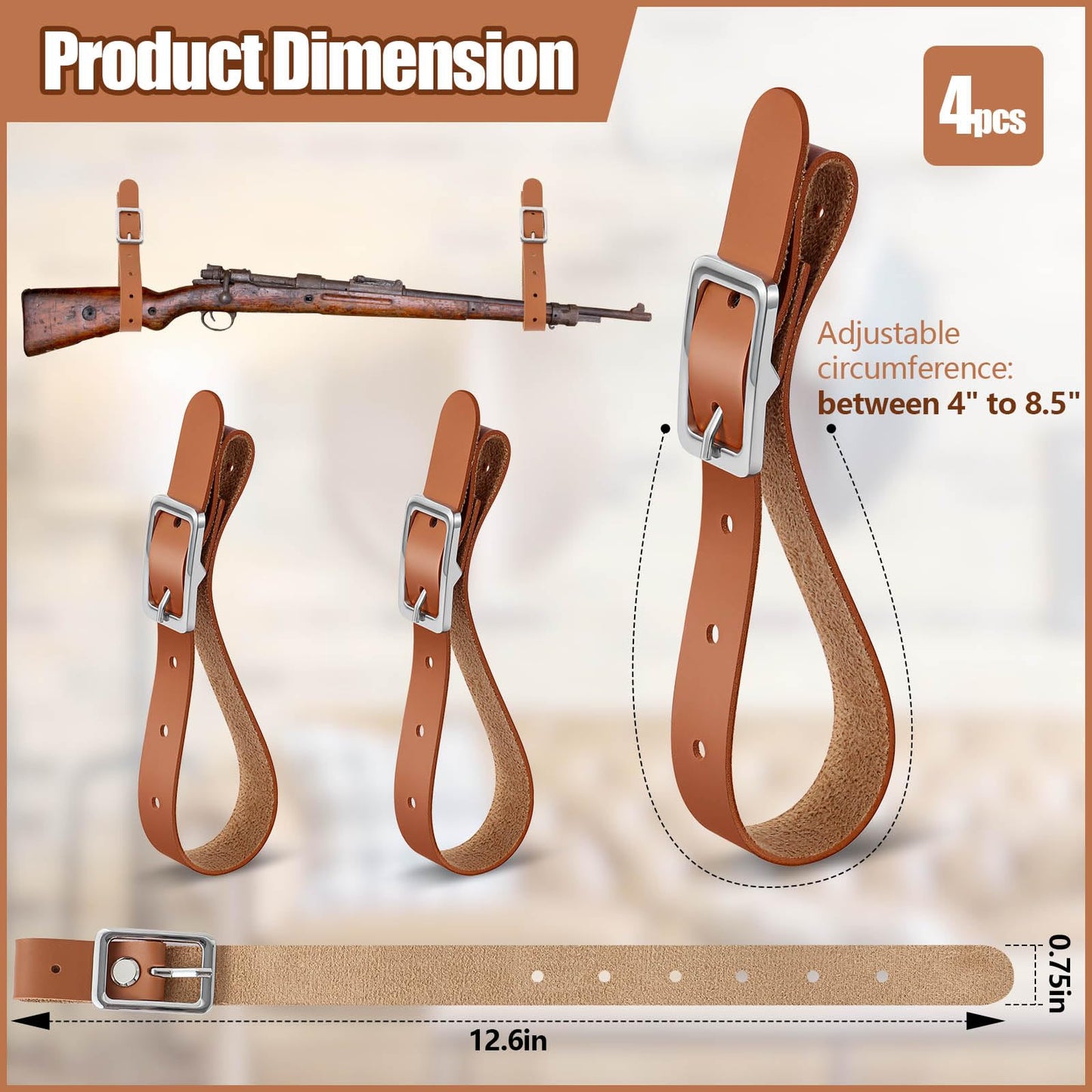 Vercraft 4 Pcs Leather Adjustable Gun Rack Straps Wall Mount Holder for Rifle, Shotgun, Axe, Hatchet, Sword and Tools, Hunting Decor with Screws and Expansion Bolts (Brown)