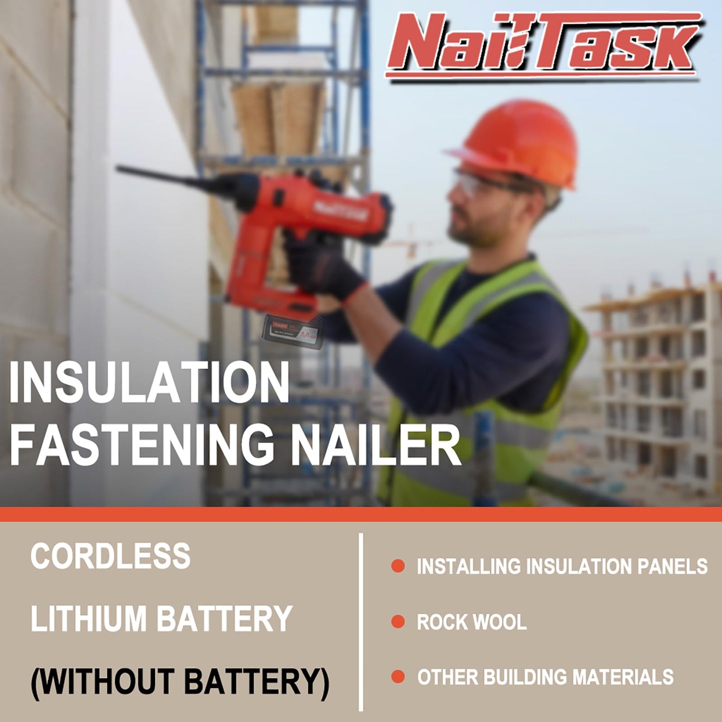 NailTask 20V Insulation Fastening Nailer Cordless Electric Nail Gun Brushless Motor Nailer Tool (Without Battery) for Rock Wool Insulation Materials with Protective Goggless