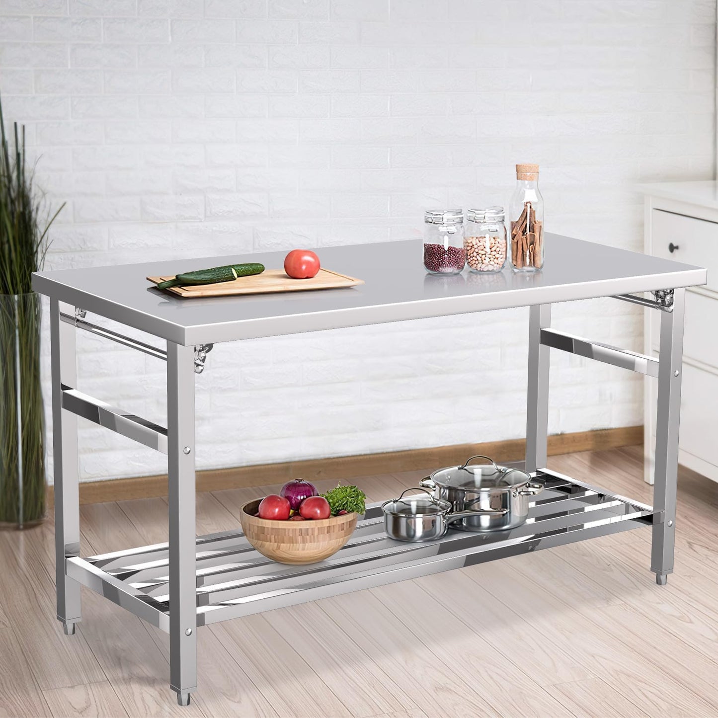60" X 24" Stainless Steel Folding Table, NSF Commercial Work Table, Heavy Duty Prep Table with Adjustable Undershelf for Restaurant, Kitchen, Food Service, Space-Saving, No Installation Required