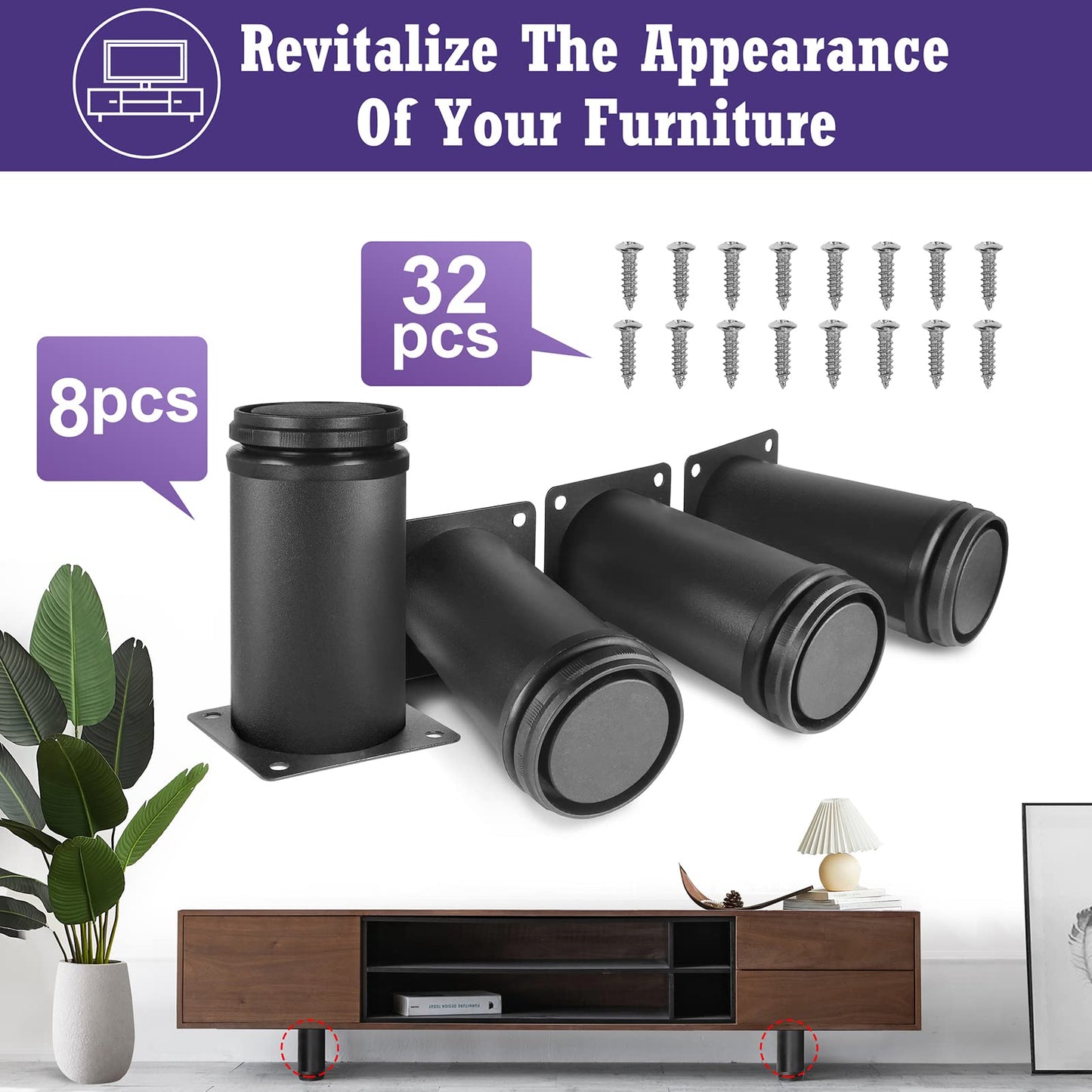 Masendelk 4 Inch Metal Furniture Legs Stainless Steel Adjustable Legs Black Metal Legs Round Cabinet Legs for Coffee Table Cabinet Desk Sofa Shelves, Pack of 8