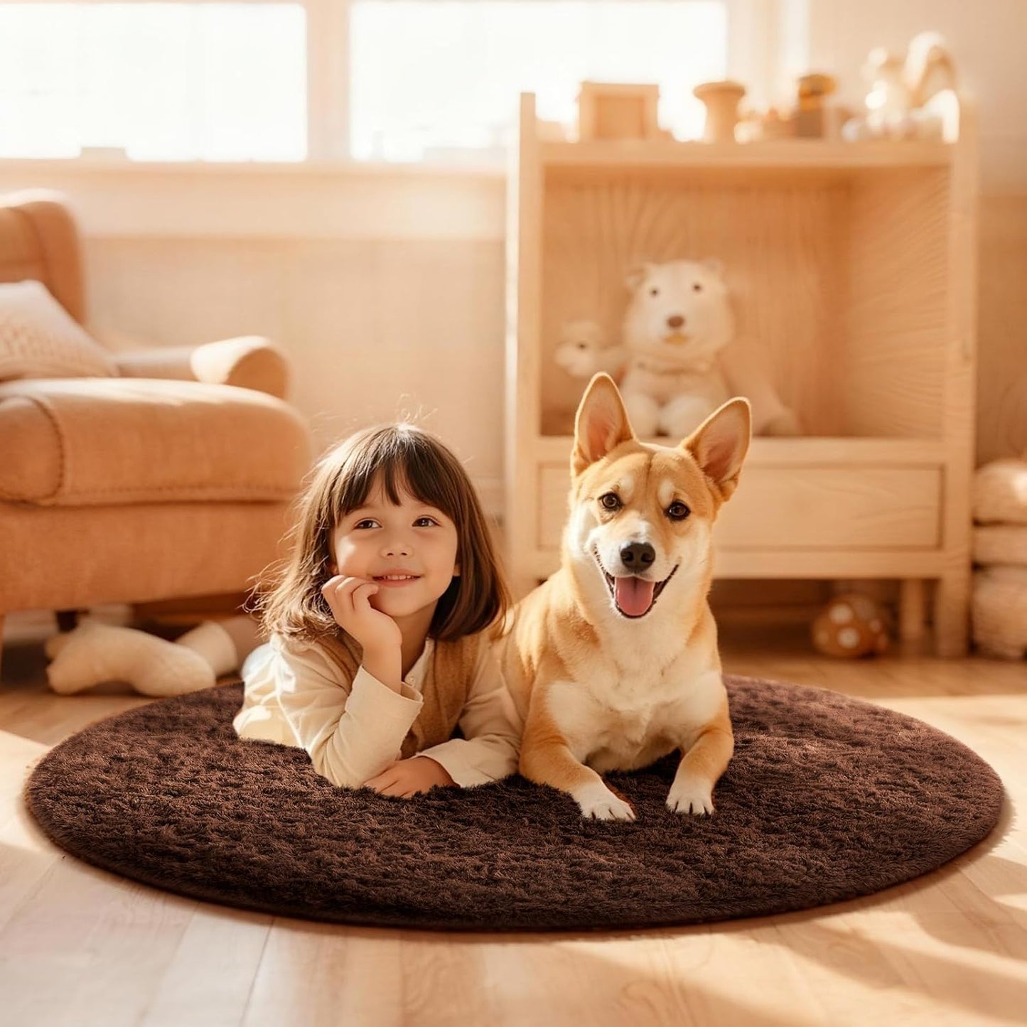 Ophanie Round Rug - 4Ft Brown Circle Area Rug | Fluffy Plush Shaggy Carpet for Kids' Rooms & Nurseries
