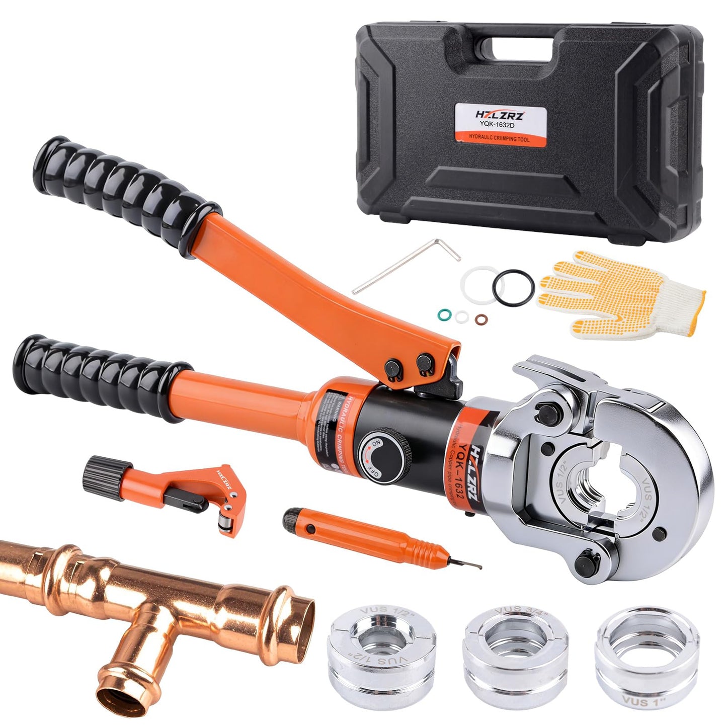 HZLZRZ Pro Press Copper Pipe Crimper Tool Kit with 3 Dies (1/2" 3/4" 1") for Plumbing & Water Heating, Includes Copper Tube Cutter and Burr Tool (YQK/1632D)