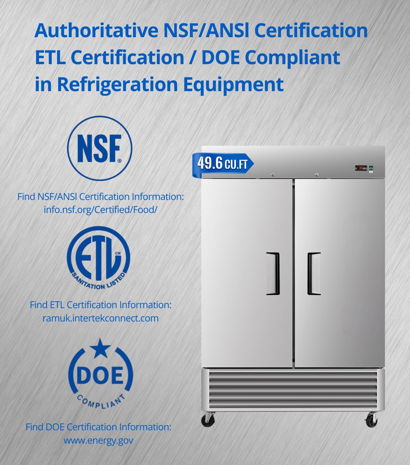 54" W Commercial Freezer, ETL Certified 49.6 Cu.ft Stainless Steel Reach-in Upright Freezer,Auto Defrost,Digital Temperature Control (-10°F to 10°F) Used to Restaurant,Bar,Shop
