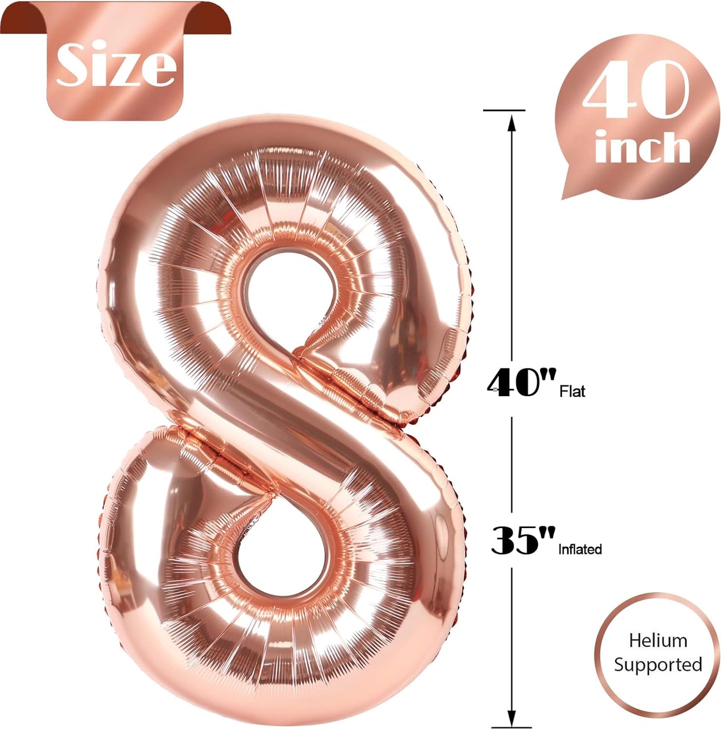 Rose Gold Number 8 Balloon - 40 Inch Giant Foil Balloon for 8th Birthday Party Decorations