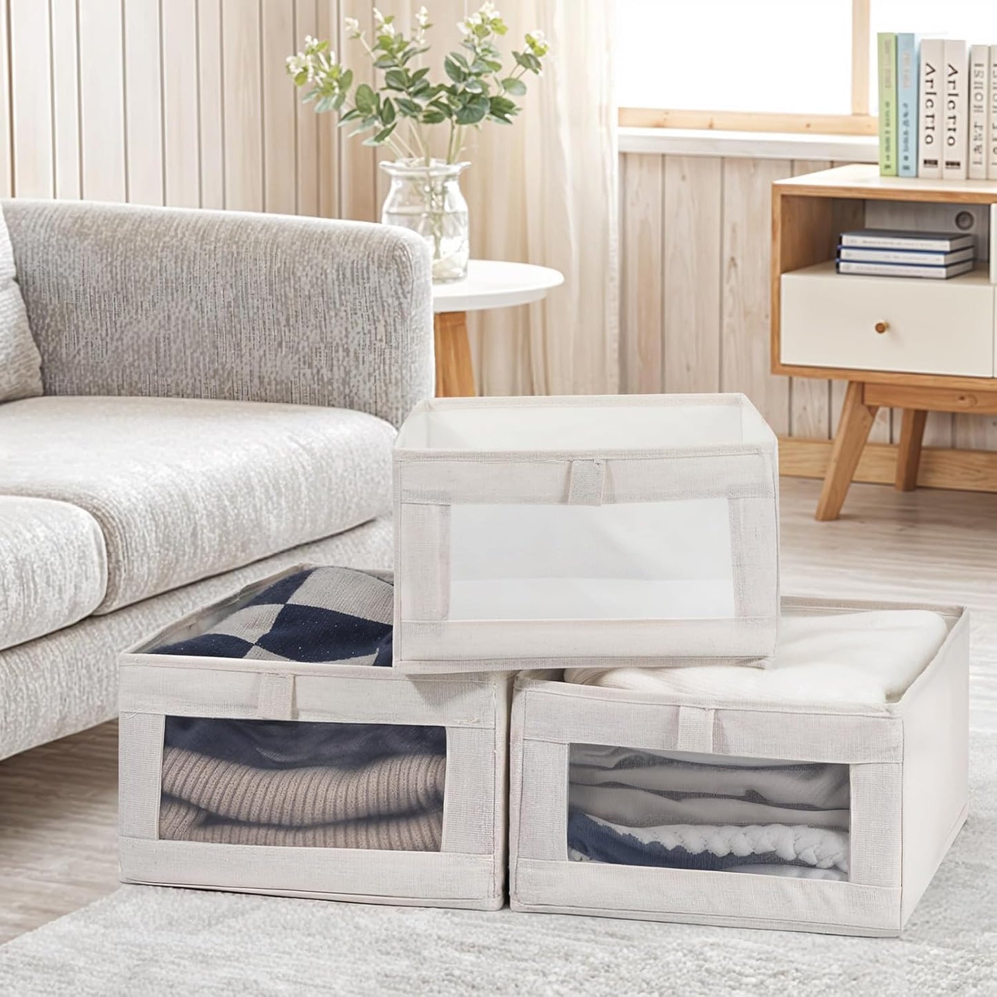 VZZNN Linen Closet Organizers - 4 Pack Foldable Storage Bins with Clear Window | Beige