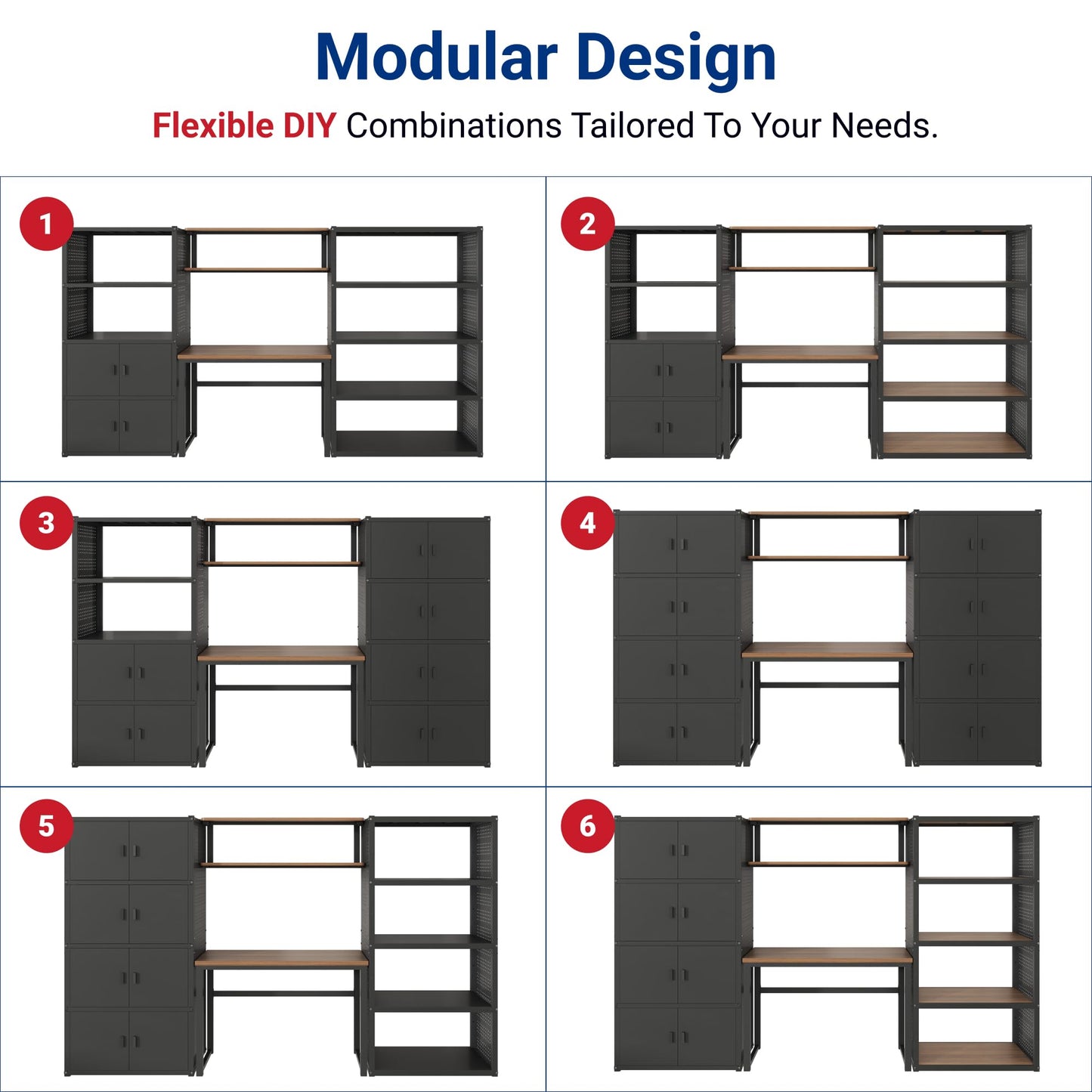 FLEXIMOUNTS Garage Storage Cabinet System, 3-in-1 Modular Metal Tool Cabinet w/ Workbench and Metal Board Shelf Includes Pegboard, 24-Gauge Steel, 117"(L) w/ 6 Doors, Black, FLEXIMOD Series