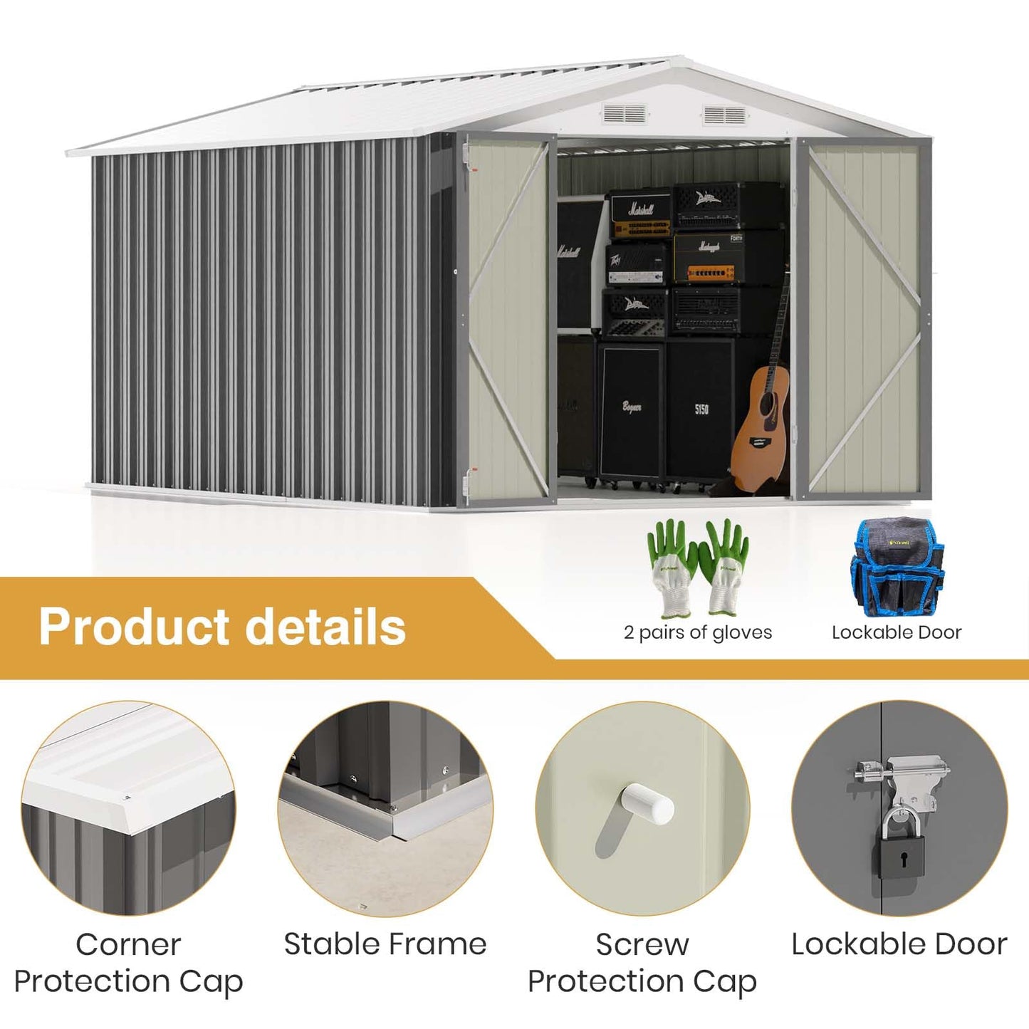 Patiowell 12 x 8 FT Outdoor Storage Shed, Steel Shed Storage House with Design of Lockable Doors, Utility and Tool Storage for Garden, Patio, Backyard, Outside use, Gray