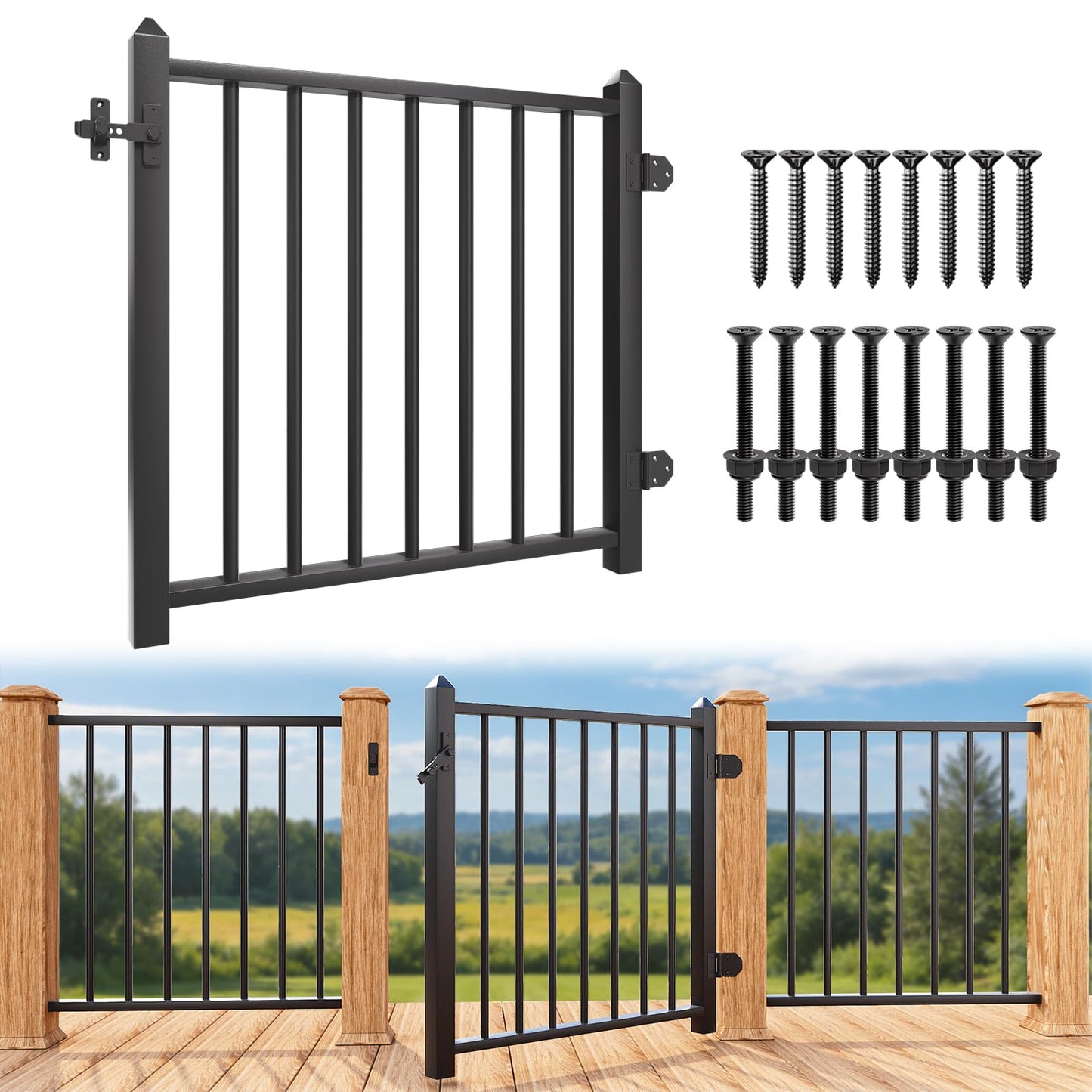 DIY DECK Deck Railing Gate Stainless Steel Black Textured Powder-Coat Finish Deck Gate Kit with Latch for Deck,Garden,Yard, Porch,Patio (Black, Left Hand in Swing)