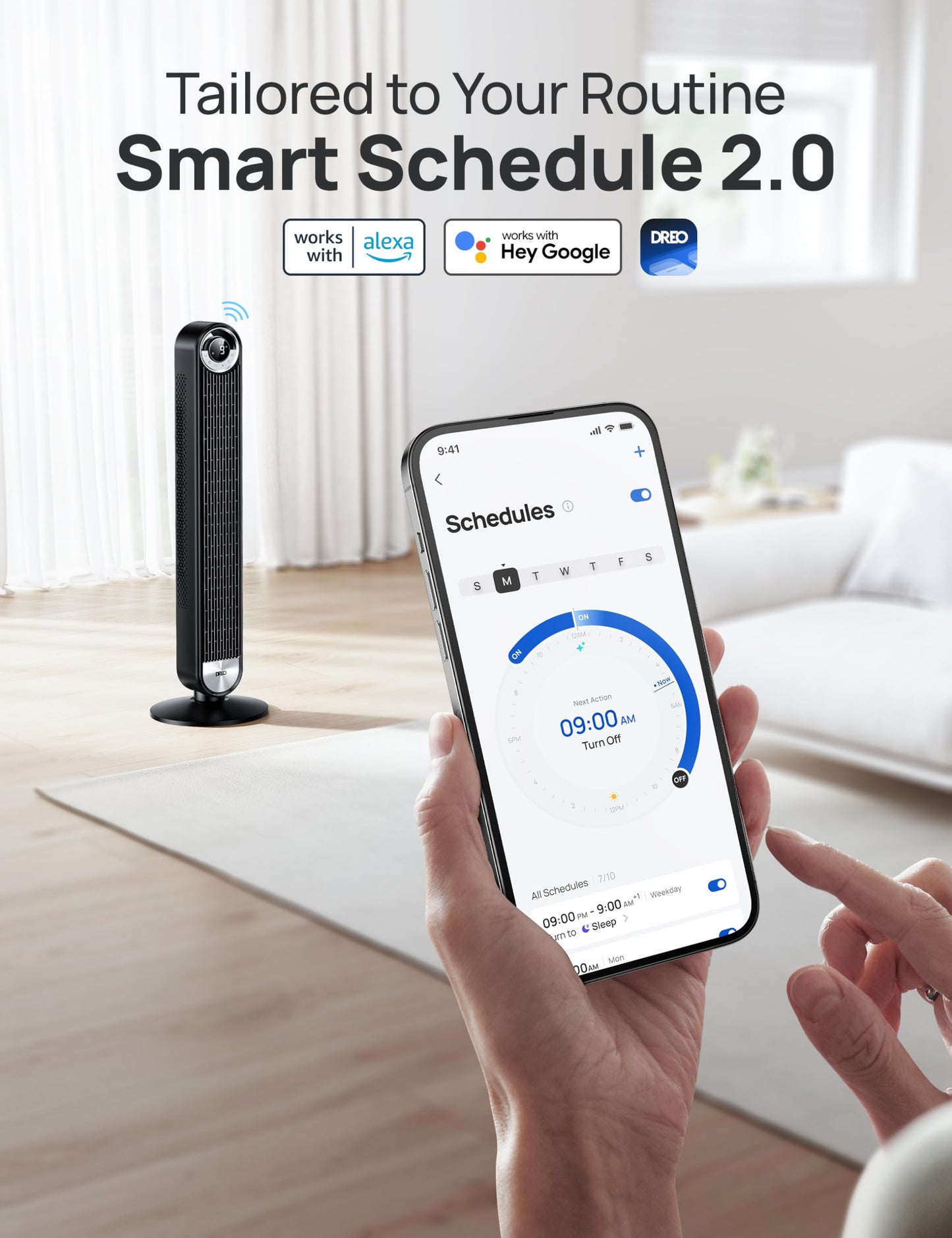 DREO Smart Tower Fans for Home, 90° Oscillating Fan Bedroom Indoors, Voice Control Floor with 12H Timer, 42 Inch Quiet Bladeless Standing LED Display, 9 Speeds, Work Alexa/Google