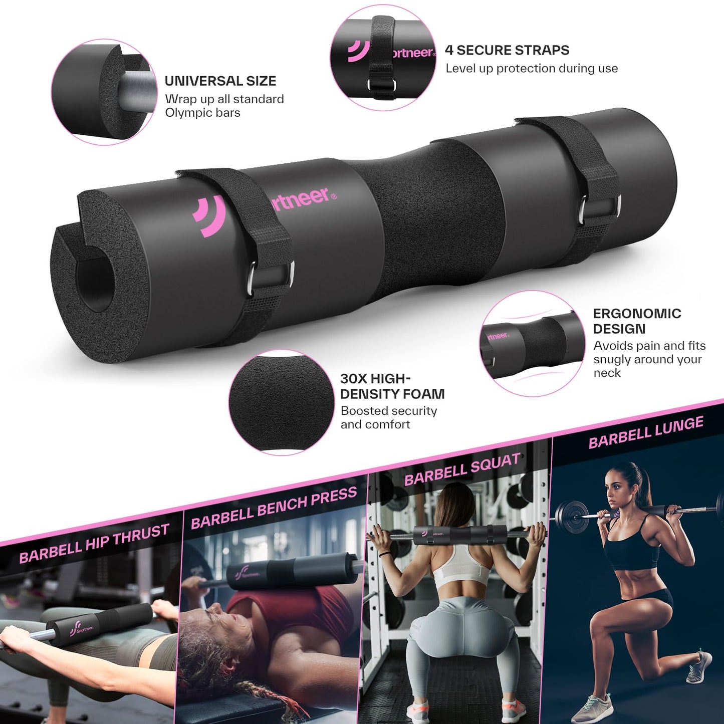 Sportneer Barbell Pad Set: 10 Pcs Squat Pad for Hip Thrusts, Lunges, Leg Day, Standard Olympic Bars with 2 Ankle Straps, 2 Lifting Straps, 3 Resistance Bands, Barbell Pad, Workout Poster and Carry Bag