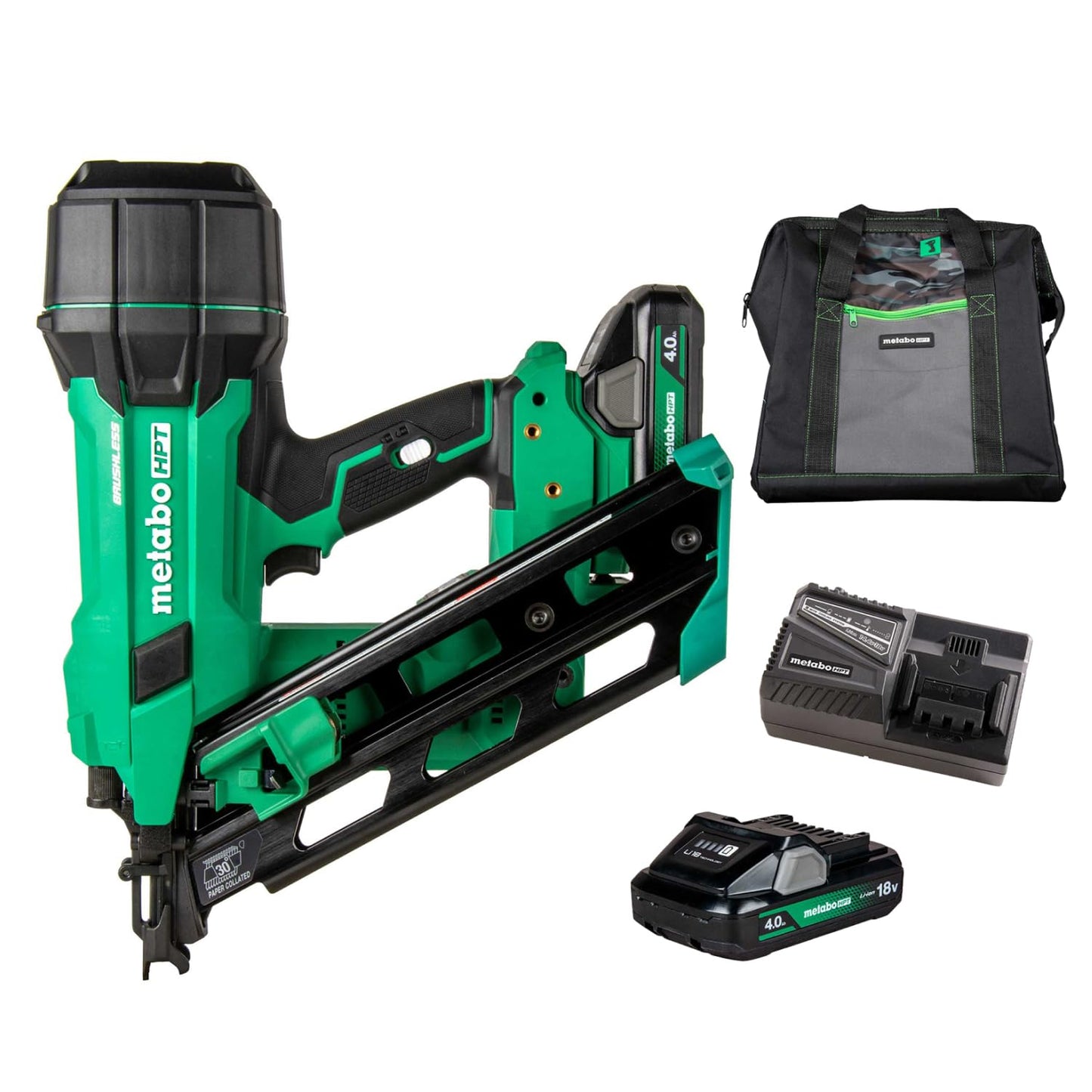 Metabo HPT 18V MultiVolt Cordless 30° Paper Tape Framing Nailer Kit, 3-1/2" Framing Nailer, Power Tool with 4.0Ah Lithium Ion Battery, Drives 2" to 3-1/2" Nails, Powerful Brushless Motor, NR1890DCA