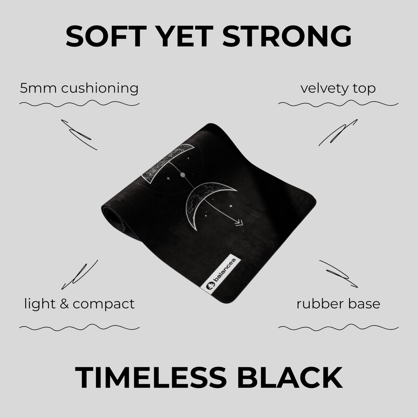 Yoga Mat With Strap 5mm Non Slip Suede & TPE - Moon Black Eco-Friendly Fitness & Exercise Mat for Home Gym, Pilates, Hot Yoga, and Meditation - Lightweight Durable 72 x 24 inch Workout Mat for Women, Men