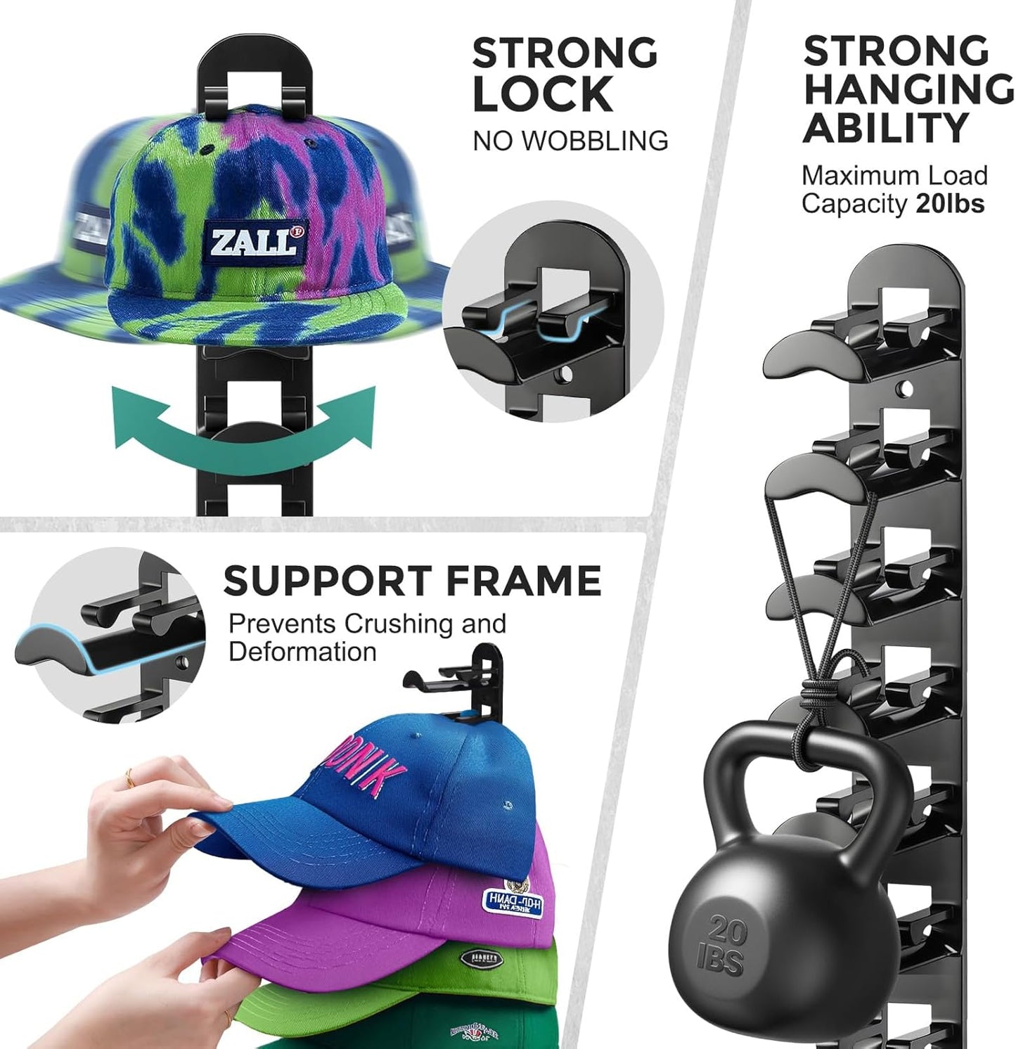 Skiennix Hat Hook Organizer - Holds Up to 20 Hats | Strong Adhesive & 8 Screws Included - Black