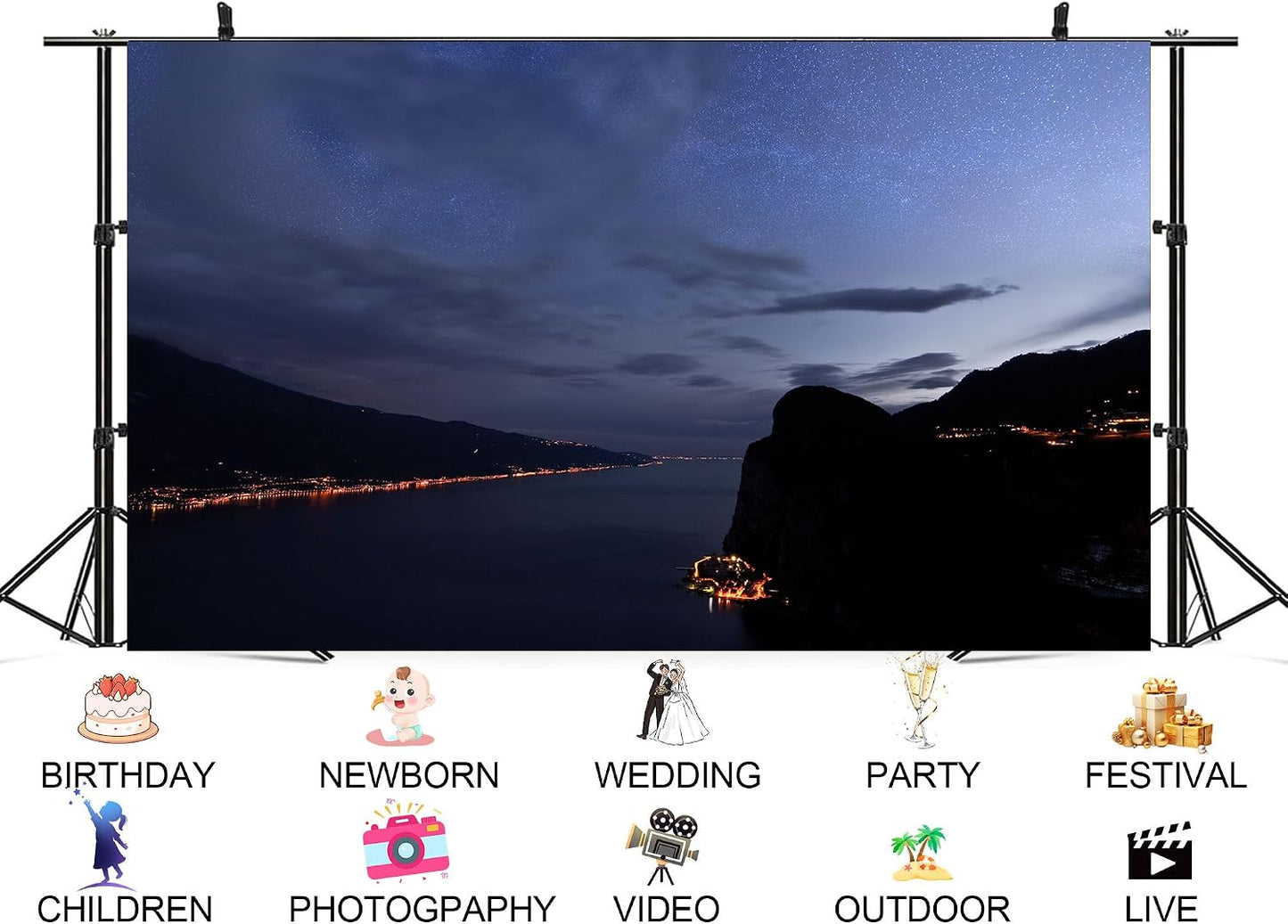 UPXIO 8x8ft Starry Lake Night Backdrop Mountain Lights and Starry Sky Photo Background Tapestry for Landscape