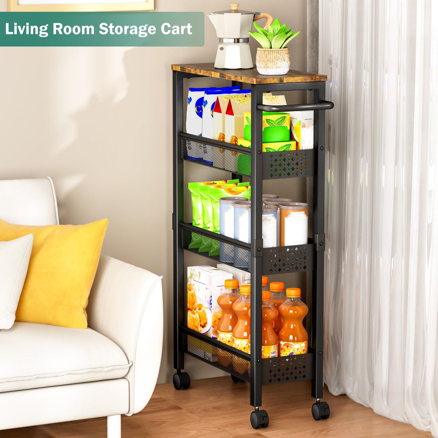 Vivihomety Utility Slim Storage Cart with Wheels, 4 Tier Small Rolling Cart with Wood Top, Metal Kitchen Bathroom Laundry Room Organization Trolley with Handle for Narrow Space – Black