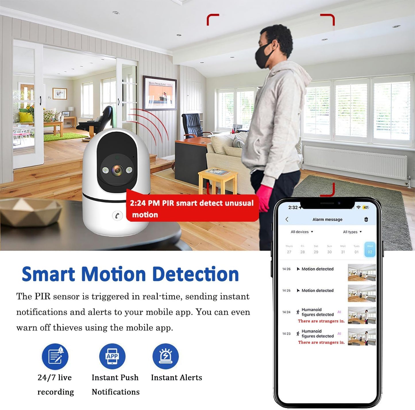 Generic 2K 24/7 2 WiFi Cameras for Home Security with Live Video, Siren/Spotlight, Indoor Security Camera for House