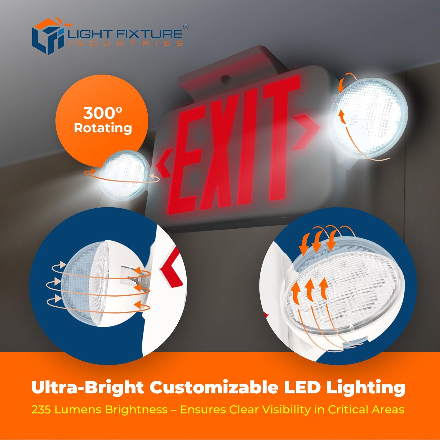 LFI Lights® Compact COMBO, UL 924 Listed Exit Sign with Emergency Lights, Red LED, White, 120/277VAC Hardwired with Battery Backup, Optional Double Face and Knock Out Arrows COMBOJR2RWBB