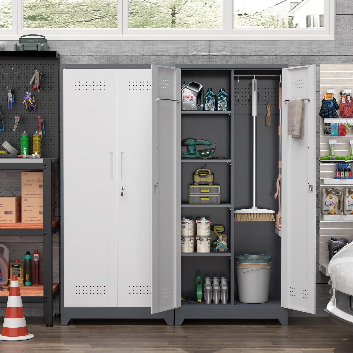 FATIGOS 72.8" H Metal Garage Storage Cabinets with Doors and Shelves, Broom Closet Storage Cabinet, Tool Cabinets with Hanging Rod, Cleaning Storage Cabinets for Garage,Bedroom Office Grey&White