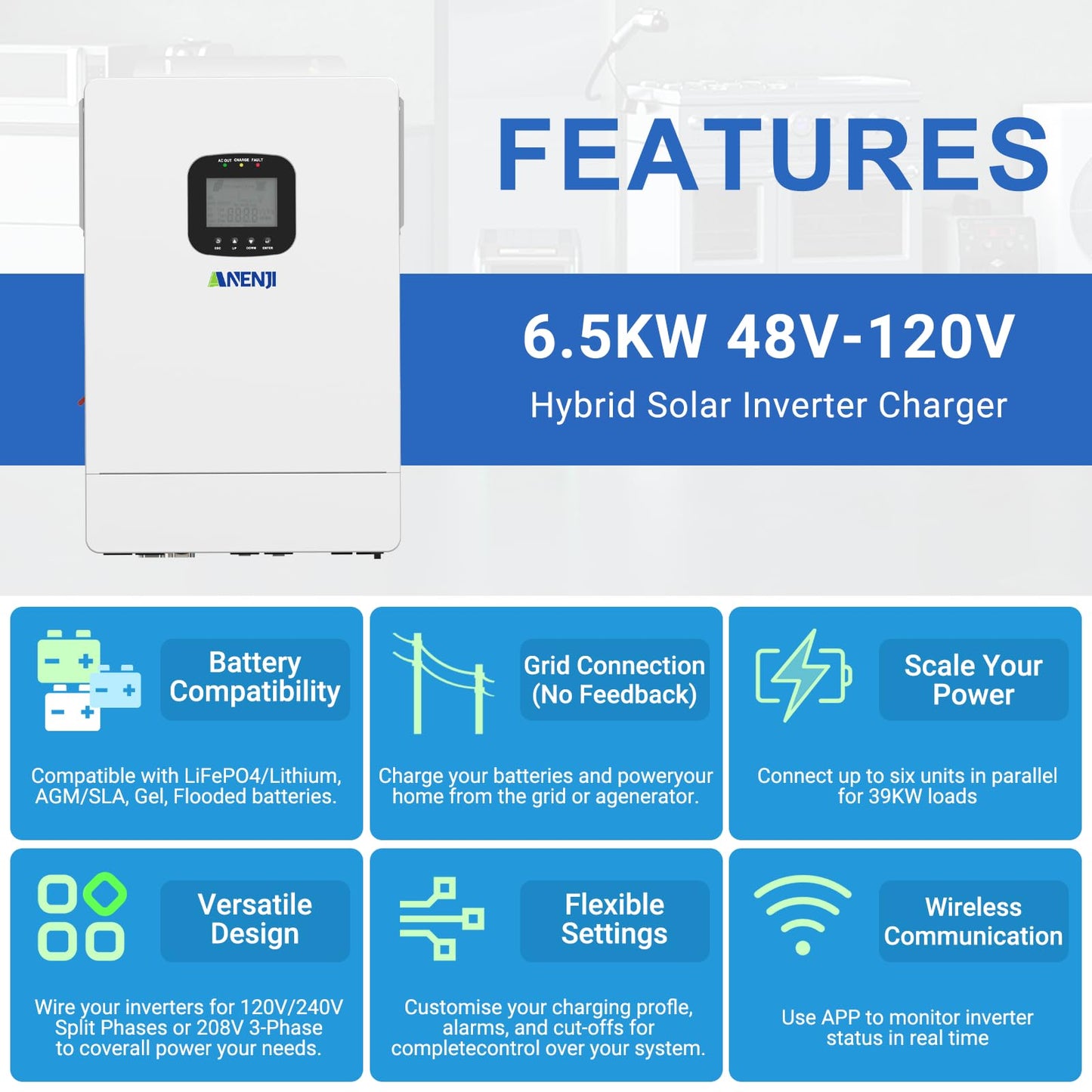 Aninerel 6500W Hybrid Solar Inverter 48V DC to 110V AC, Pure Sine Wave, Built-in 2 MPPT Controller, Max. 150A Battery Charging, Support Parallel 6 Units, Dustproof, for Home On/Off-Grid Systems