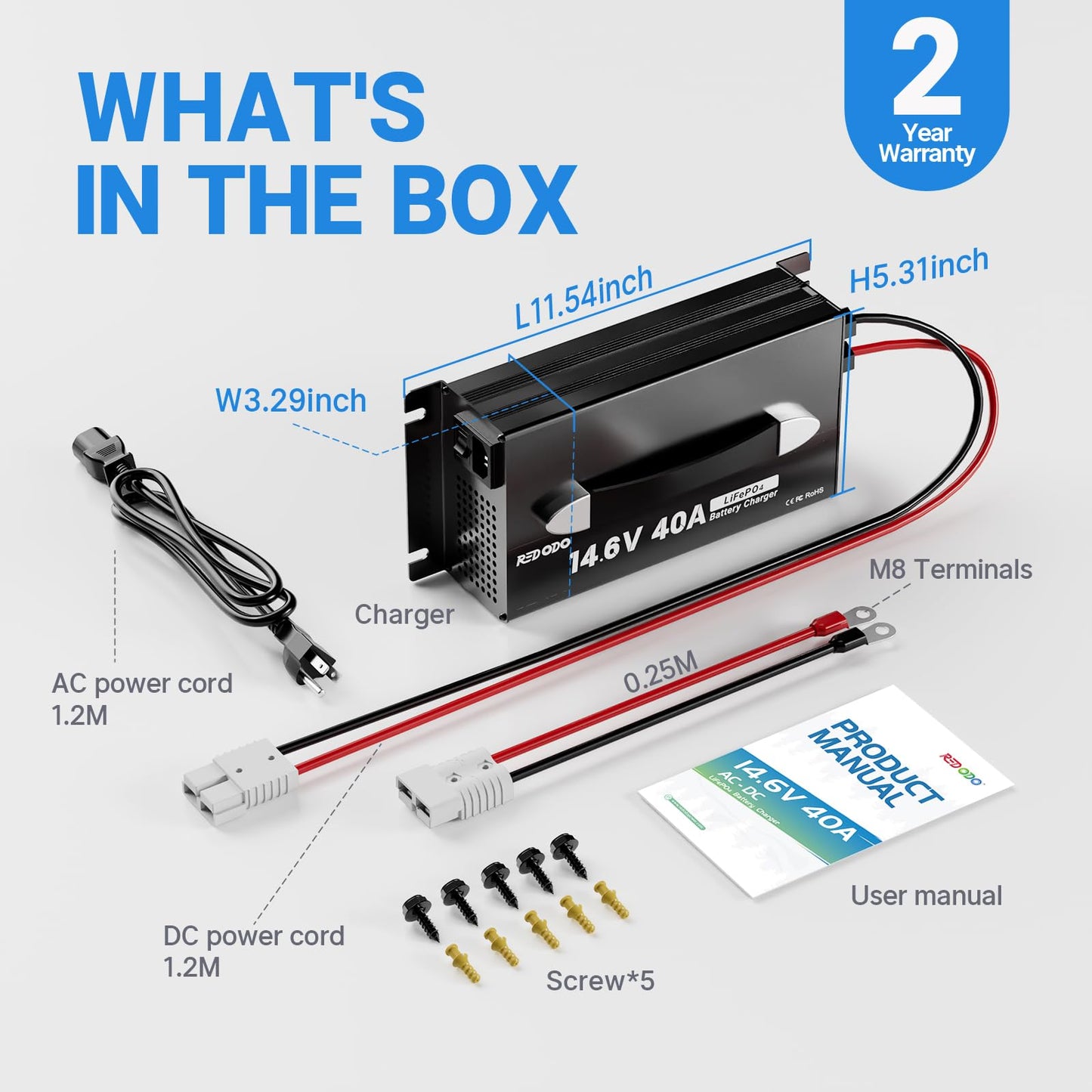 Redodo 14.6V 40A Lithium Battery Charger, Activate Battery, Fully Protected, Upgrade Handle, Intelligent LED Display,Sturdy Aluminum Casing, for 12V Lithium Batteries