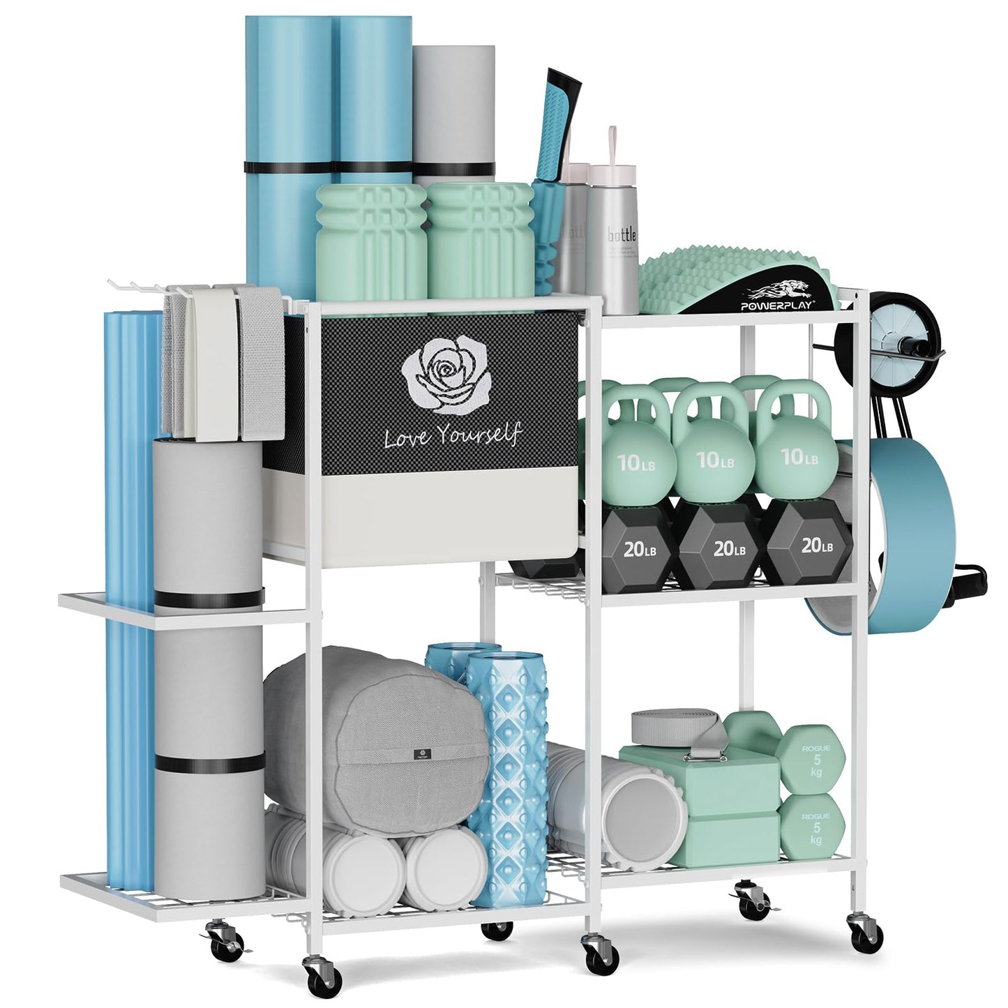Yoga Mat Storage Rack，Home Gym Storage Rack Gym Workout Equipment Storage Organizeron Wheels for Yoga Mat,Yoga Block,Foam Roller and Workout Accessories (Beige)