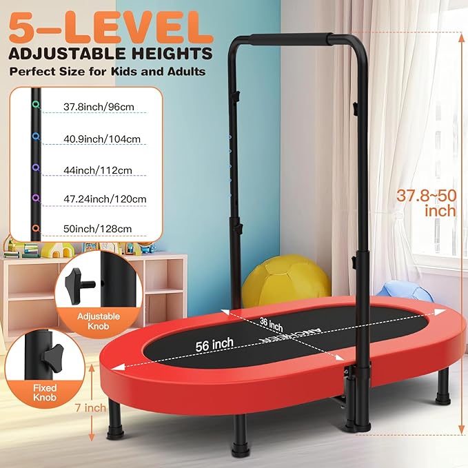 ANCHEER 56'' Foldable Mini Trampoline with Adjustable Handle - Indoor/Outdoor Rebounder for Kids & Toddlers Safe Oval Fitness Trampoline with Bar for Home Fun