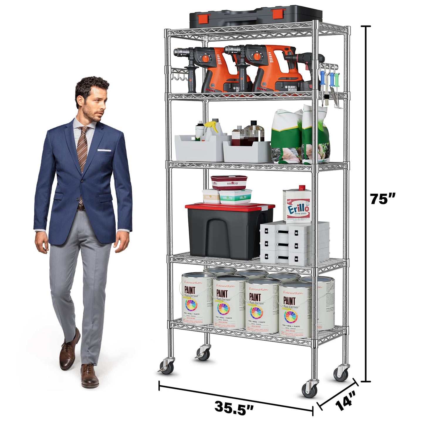 YNN Storage Shelves,1750Lbs 5 Tier Heavy Duty Metal Rolling Shelving Unit with Wheels & 8 Hooks, Adjustable Garage Wire Rack for Kitchen, Bathroom,Industrial,Pantry(36" W x 14" D x 72" H, Chrome)