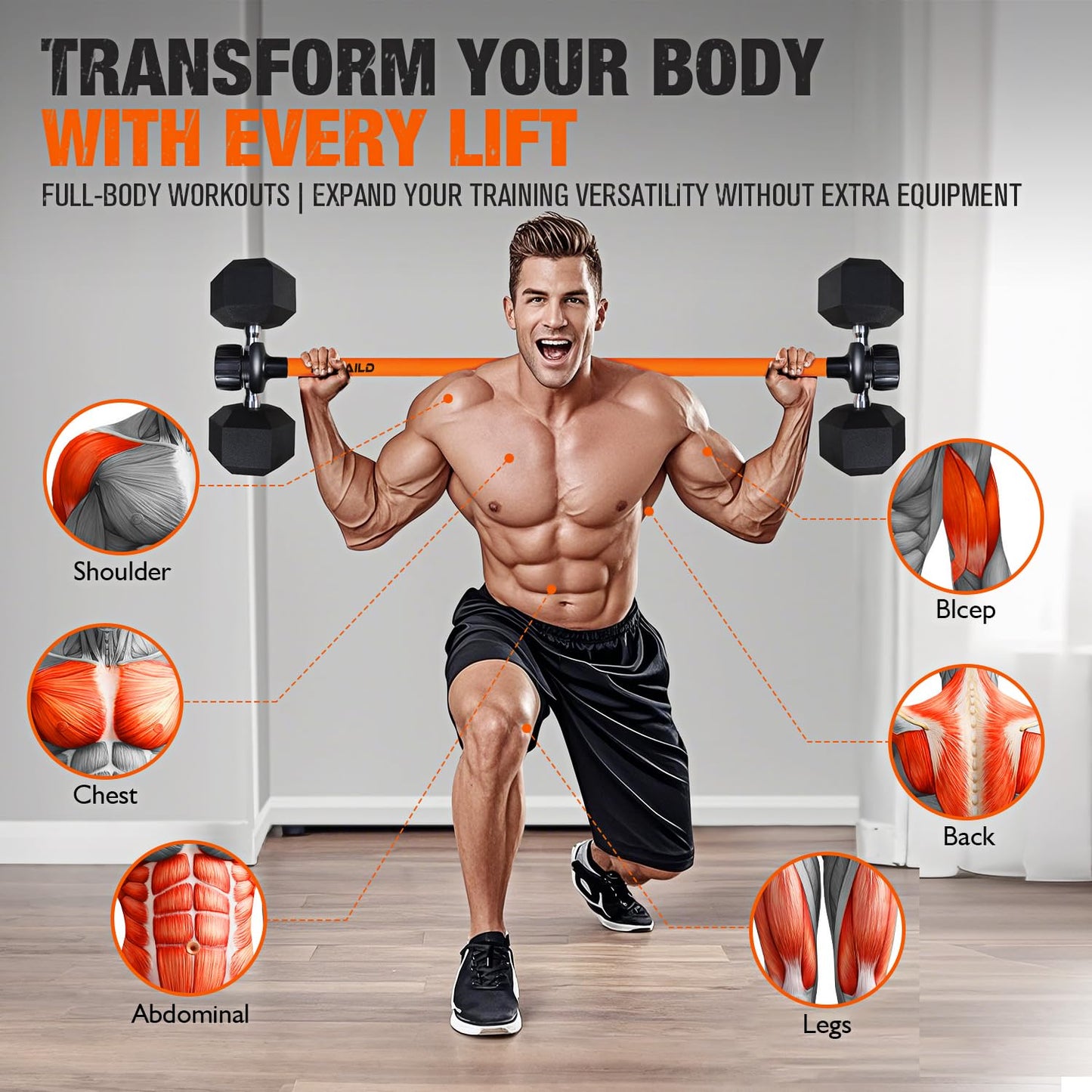Rawaild Dumbbell Converter, Convert Dumbbells to Barbell Set, Weight Bar for Bench Presses, Squats, Hip Thrust, Deadlifts, Home Weightlifting and Strength Training, Versatile Home Gym Equipment