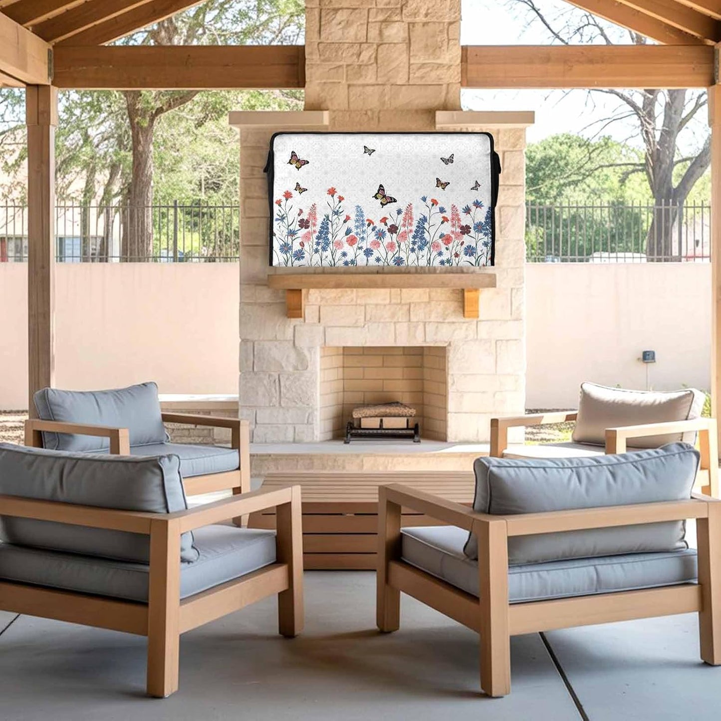 EZON-CH 30-32 inch Outdoor TV Cover Vintage Plants Weatherproof TV Screen Protector Spring Lavender Flowers Butterflies