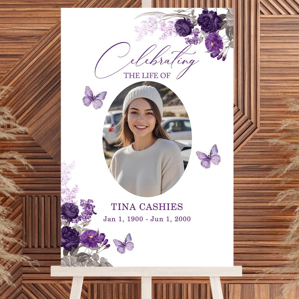 Regine Switzerland Personalized Funeral Welcome Signs - Custom Memorial Signs with Image | Purple Flower Butterfly Design