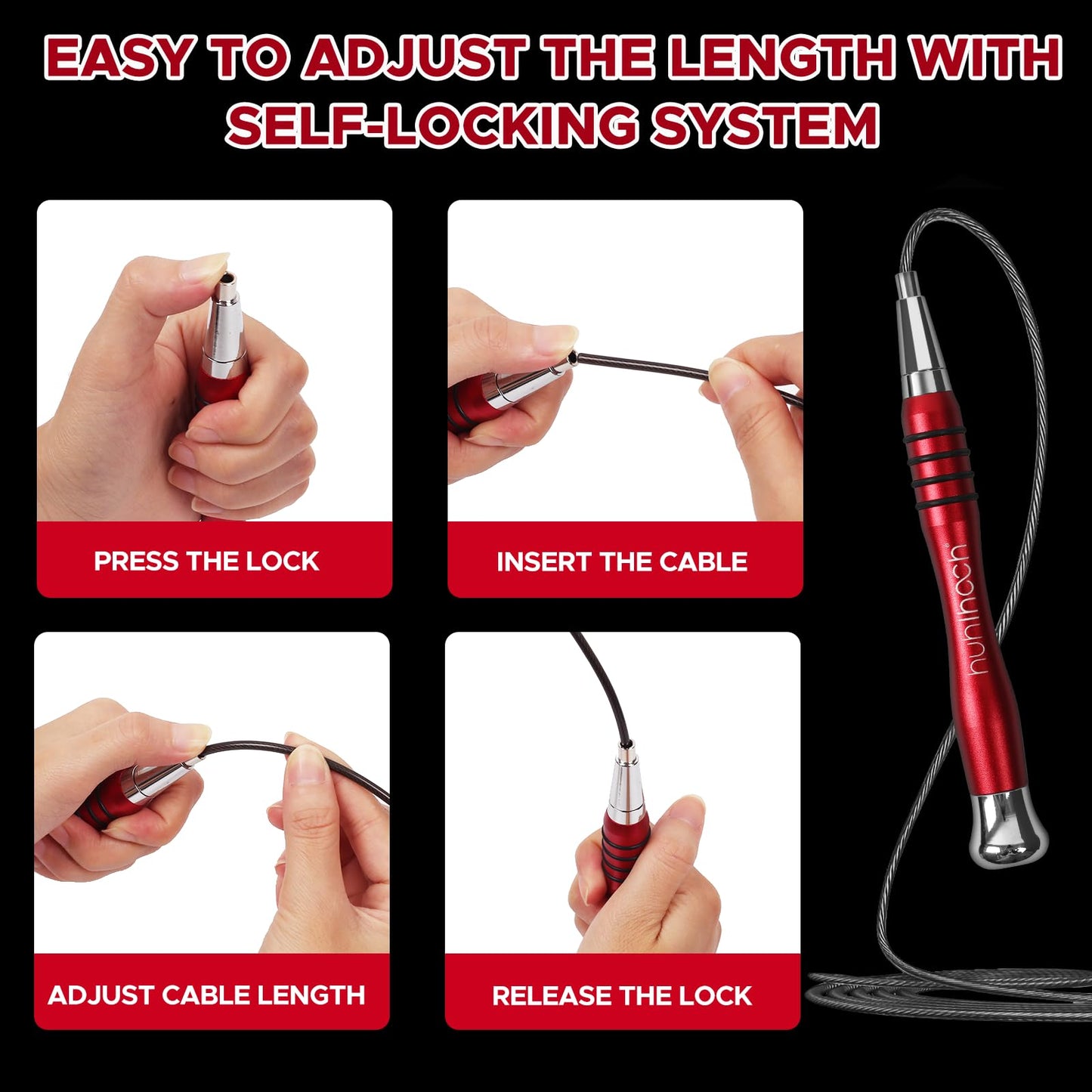 Huhloch Speed Weighted Jump Rope with Secure Lock Mechanism, 360° Smooth Swivel, Non-Slip Matte Textured Handles, Features 2 Performance Cords for Effective Fitness Workouts (Red)