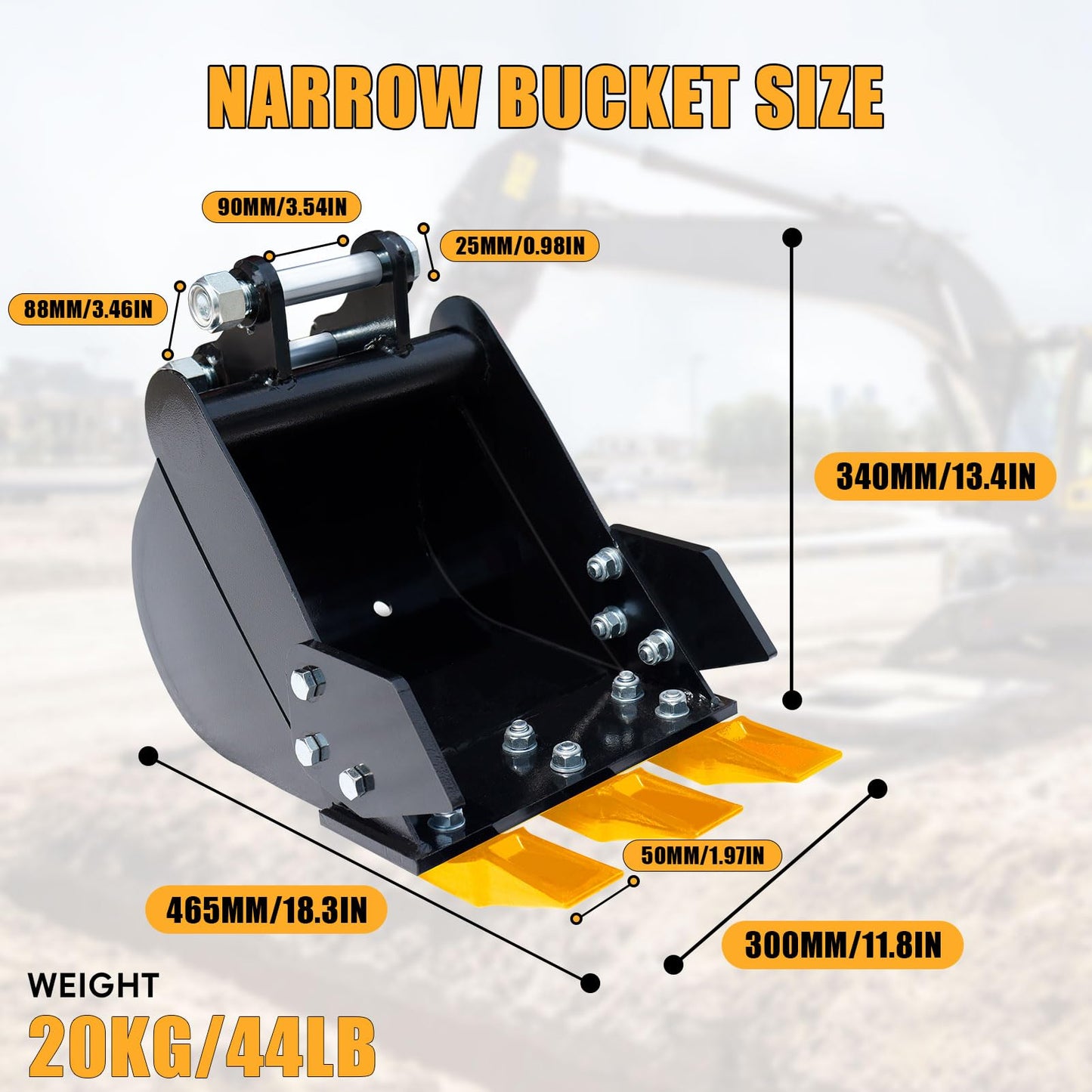 MMS 11.81in/300mm Mini Excavator Digging Bucket with Metal Teeth - 0.98"/25 mm Hole Diameter, 3.54"/90 mm Span, Mini Excavator Attachments Digging Bucket for Trenching & Digging